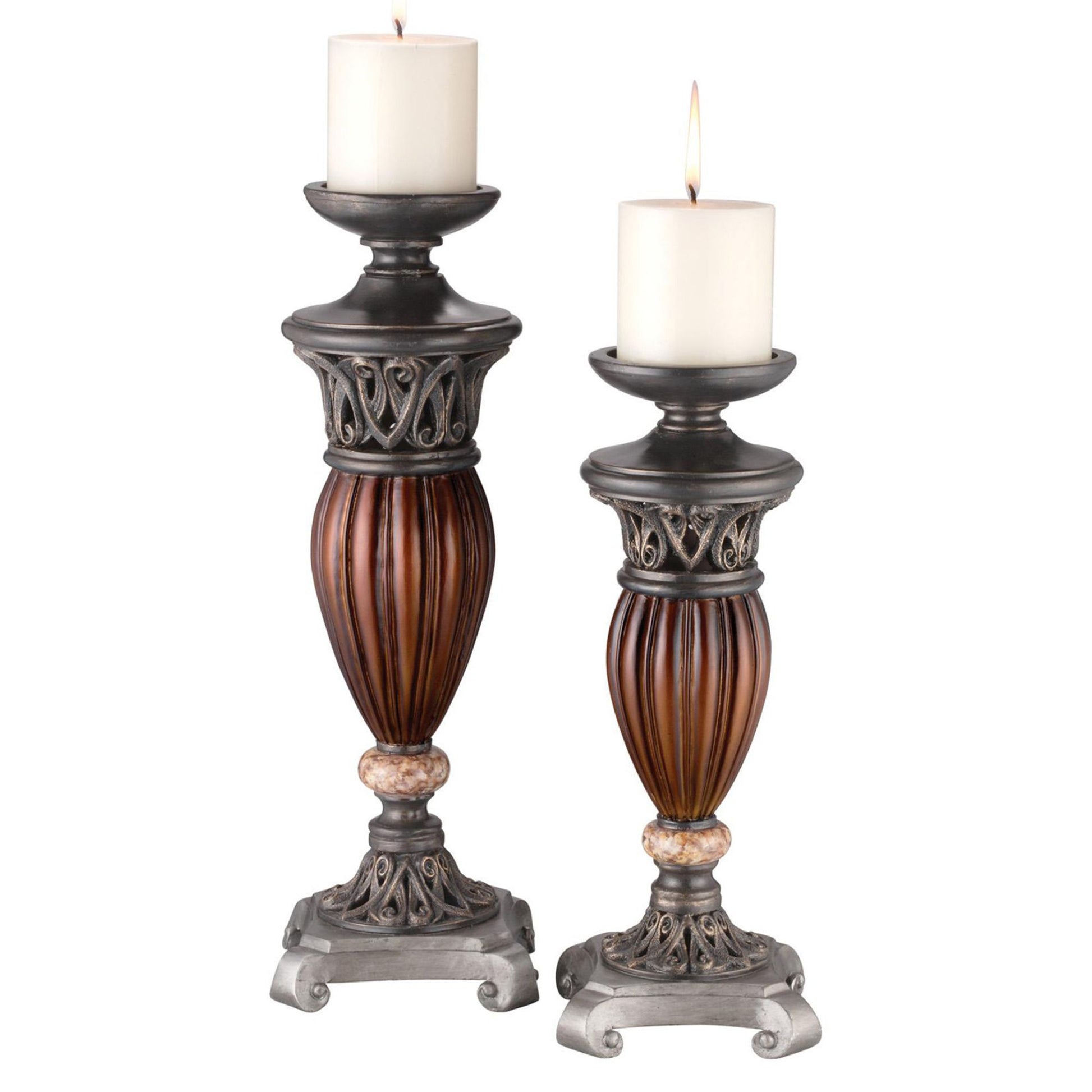 13" And 16" Tall Polyresin Candleholder, Bronze Roman Design Set Of 2 Bronze Polyresin