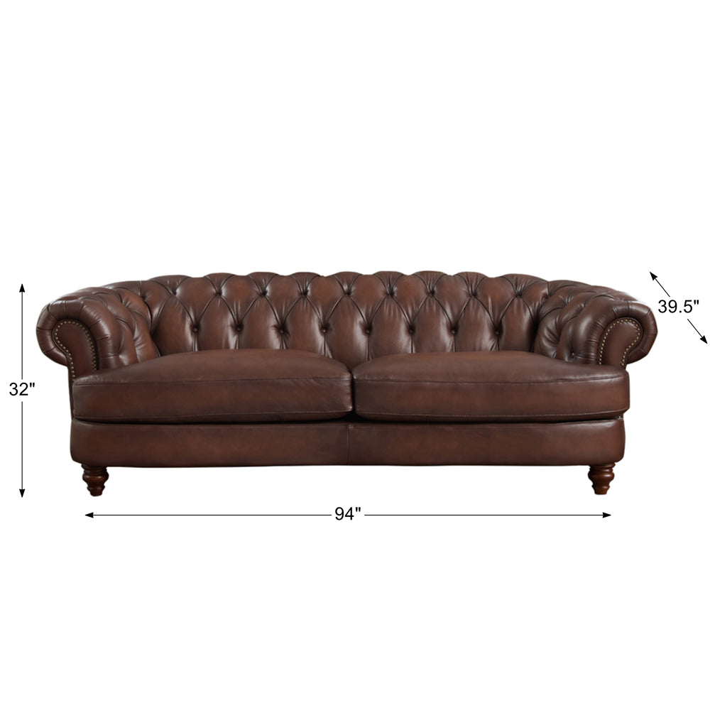 Newport Leather Sofa Caramel Genuine Leather Wood Primary Living Space Medium Firm Tufted Back Mid Century Modern Eucalyptus Rolled Arms Down Filling Genuine Leather 3 Seat
