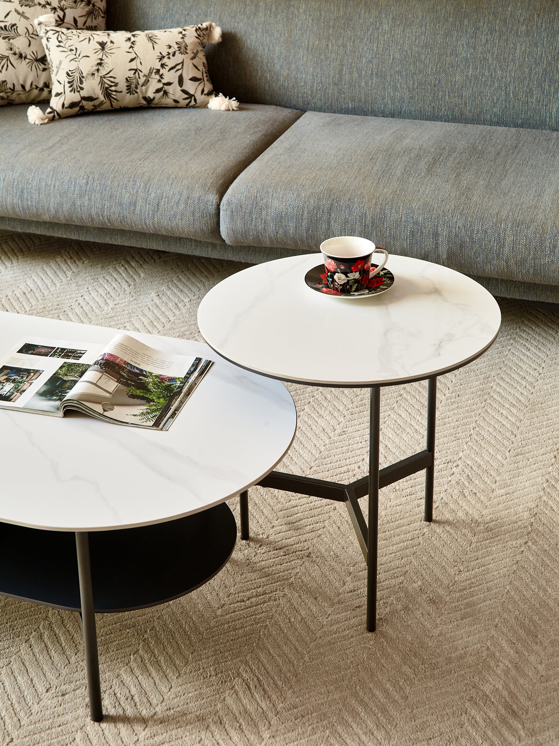 Coffee Table Ceramic Coffee Table, Mdf Painting Double Layer Coffee Table For Living Room, White Ceramic And Coffee Brown Bottom Shelf Black White Ceramic Mdf