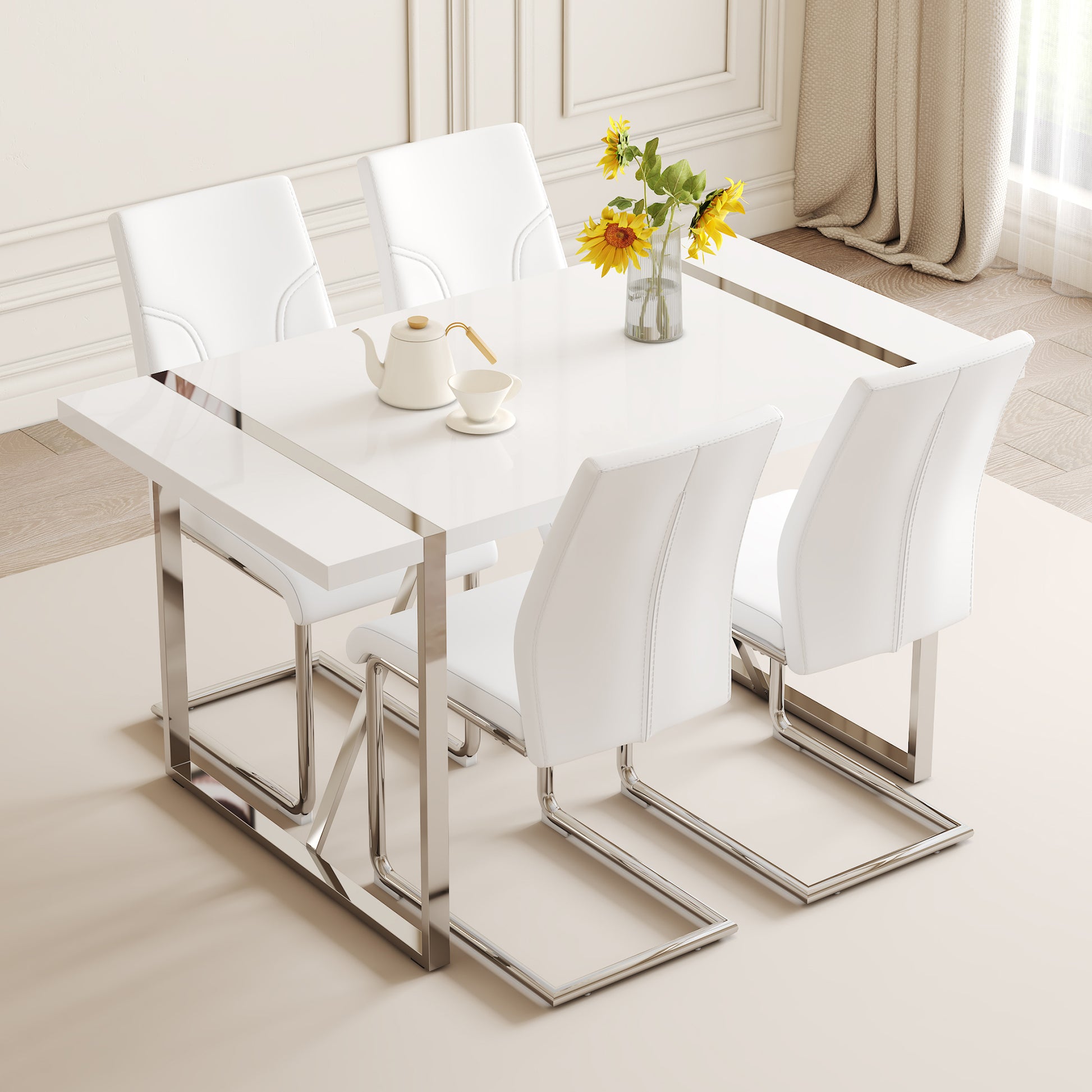 Table And Chair Set.55"X31.5" Mdf Painting Dining Table Set With 4 Pu Chairs.Showcasing A Modern And Stylish Look.Suitable For Dining Room.Mdf Painting,Iron Pipe Plating,Pu Chiairs,White. White