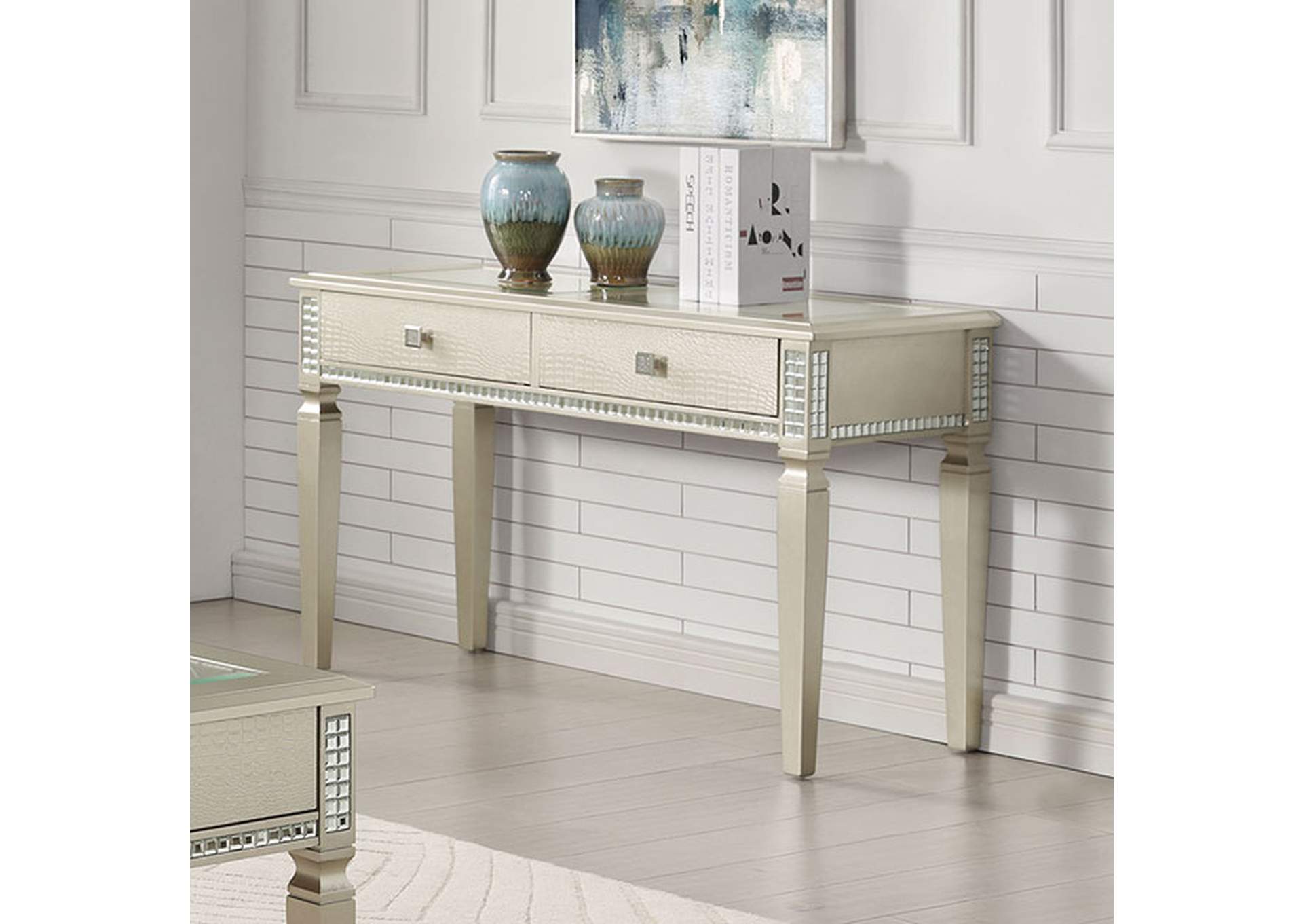 Sofa Table Silver Glam Storage Drawers Table 5Mm Tempered Glass Top W Diamond Pattern Living Room 1Pc Side Table. Silver White Primary Living Space Classic,Contemporary,Transitional Rubberwood Rectangular Drawers Console Tables Solid Wood