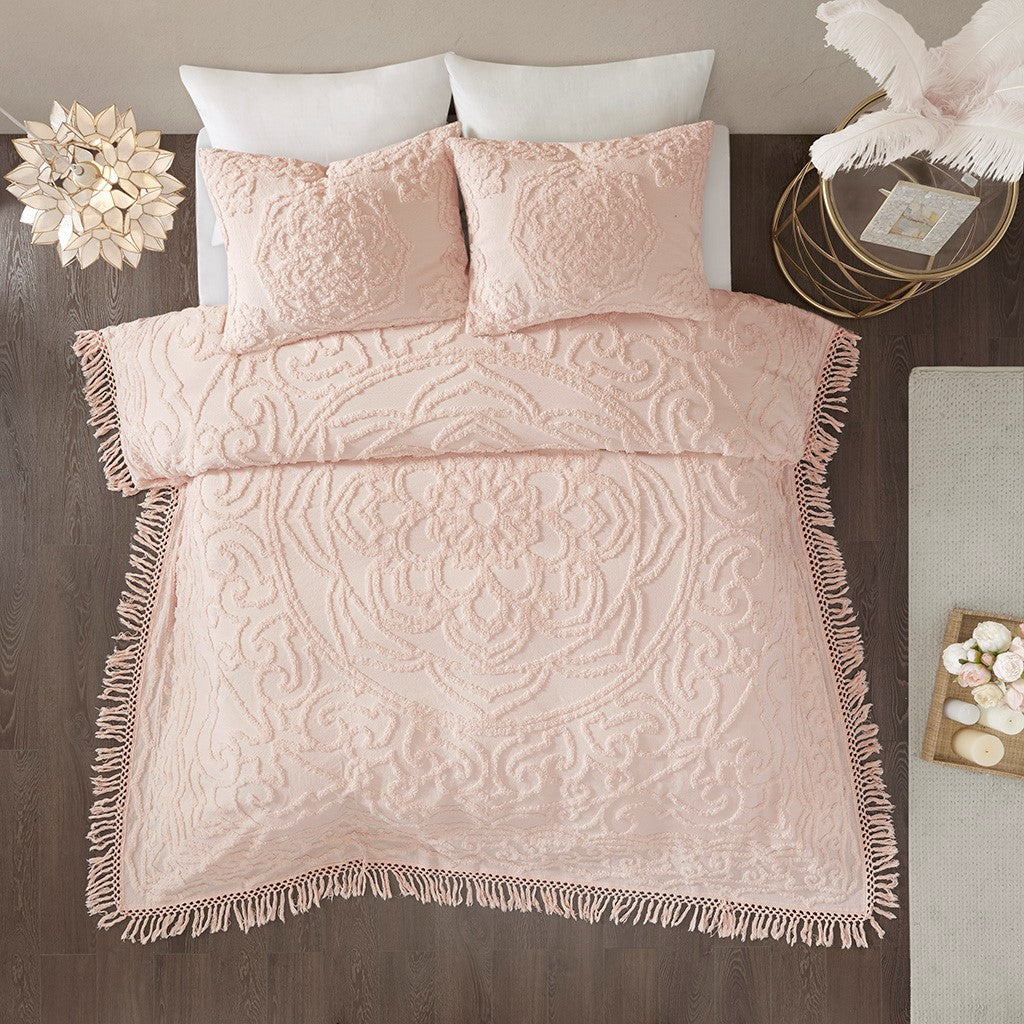 Tufted Cotton Chenille Medallion Fringe Coverlet Mini Set Blush King Cal King King Blush Cotton