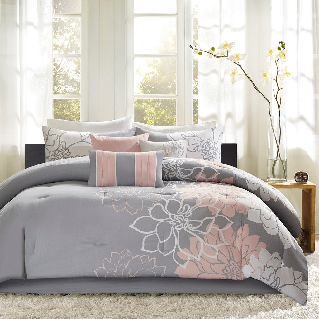 Printed Cotton Sateen Comforter Set Grey Peach Queen Queen Grey Peach Polyester