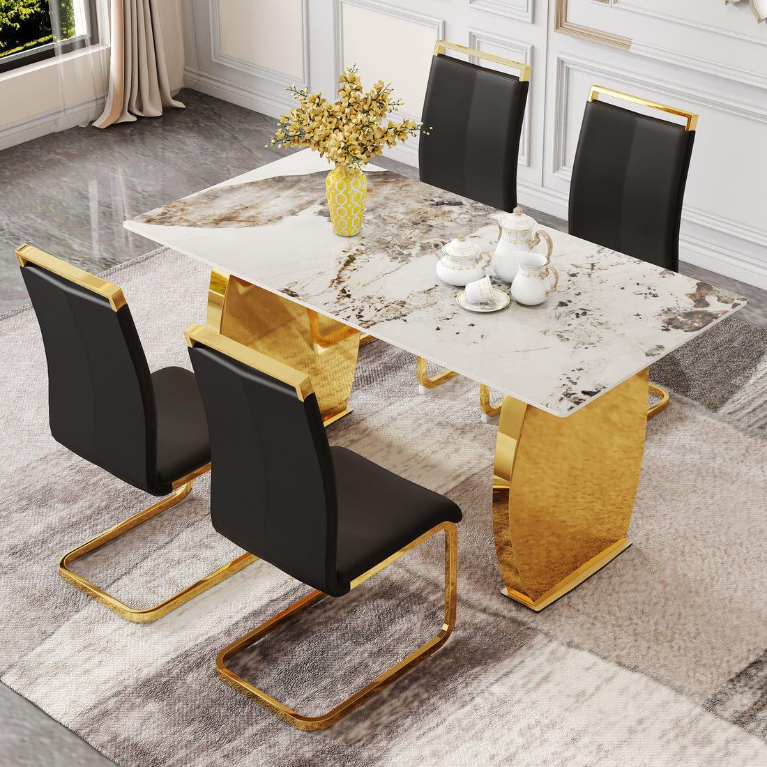 Table And Chair Set, Rock Plate Table Top, Gold Metal Table Legs, Stable And Beautiful, Suitable For Most Home Styles. Modern Simple Dining Table, Comfortable Seating. Gold Black Seats 4 Sintered Stone