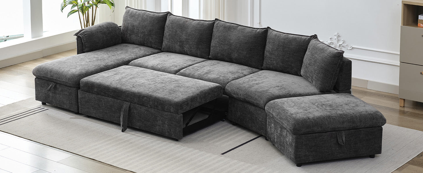 146.9" L Shaped Sofa Sectional Sofa Couch Pull Out Sofa Bed With A Movable Storage Ottoman, A Storage Chaise Lounge And Two Usb Ports For Living Room, Grey Grey Foam Linen 5 Seat