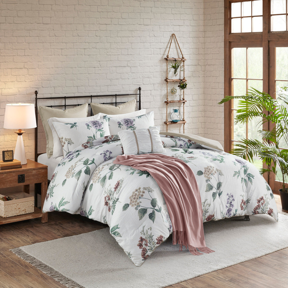 7 Piece Printed Seersucker Comforter Set With Throw Blanket Taupe Blush King Cal King Multicolor Polyester