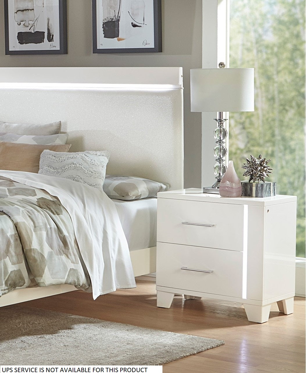 White High Gloss Finish Modern Bedroom 1Pc Nightstand With Led Light Wooden Furniture Luxury Bedside Table White 2 Drawers Bedside Cabinet Bedroom Modern Wood