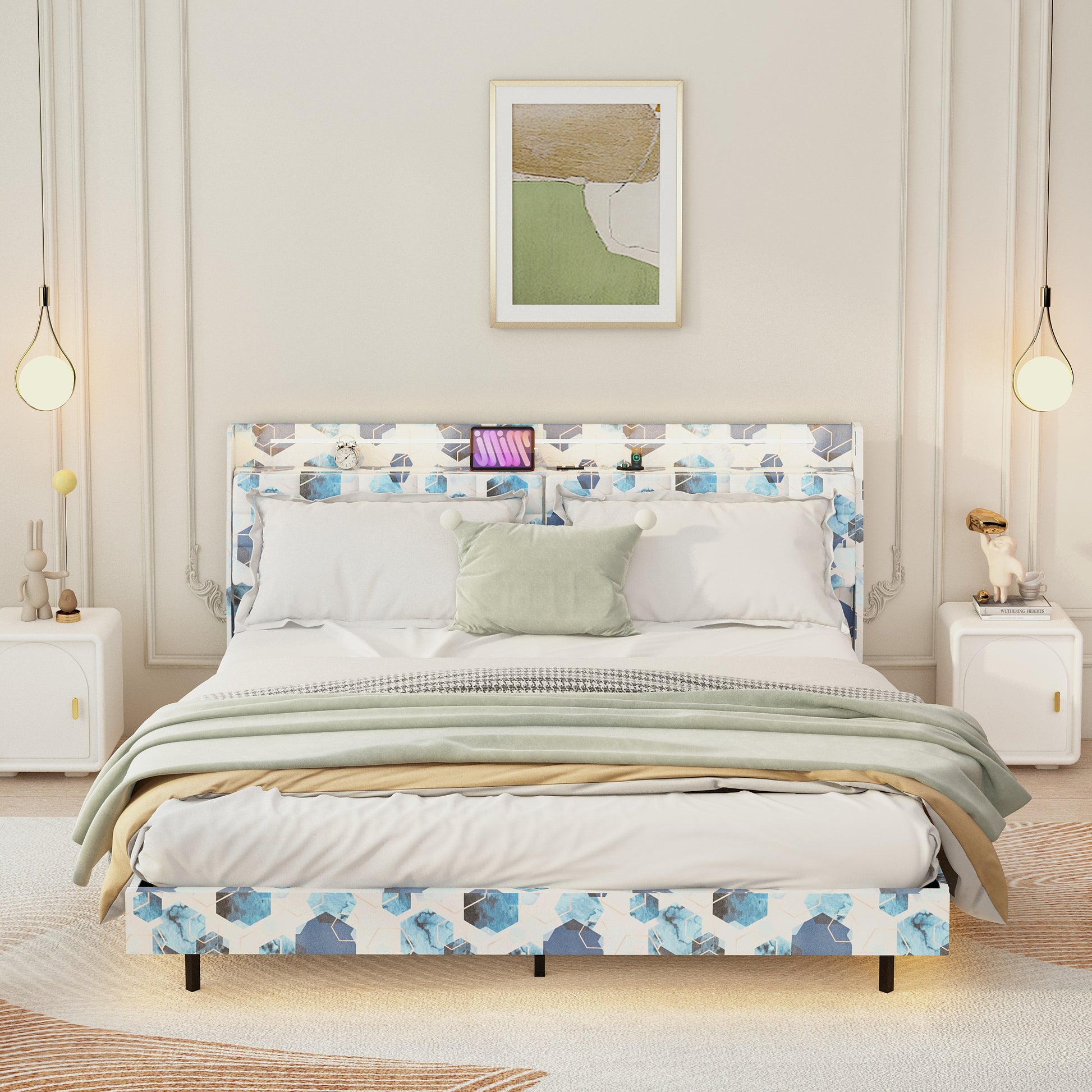 King Floating Bed Frame With Led Light And Charging Station Upholstered Platform Bed Frame King Size With Headboard And Hidden Storage Space, No Box Spring Needed, Blue Box Spring Not Required King Blue Geometry Metal Bedroom Bed Frame Velvet Velvet