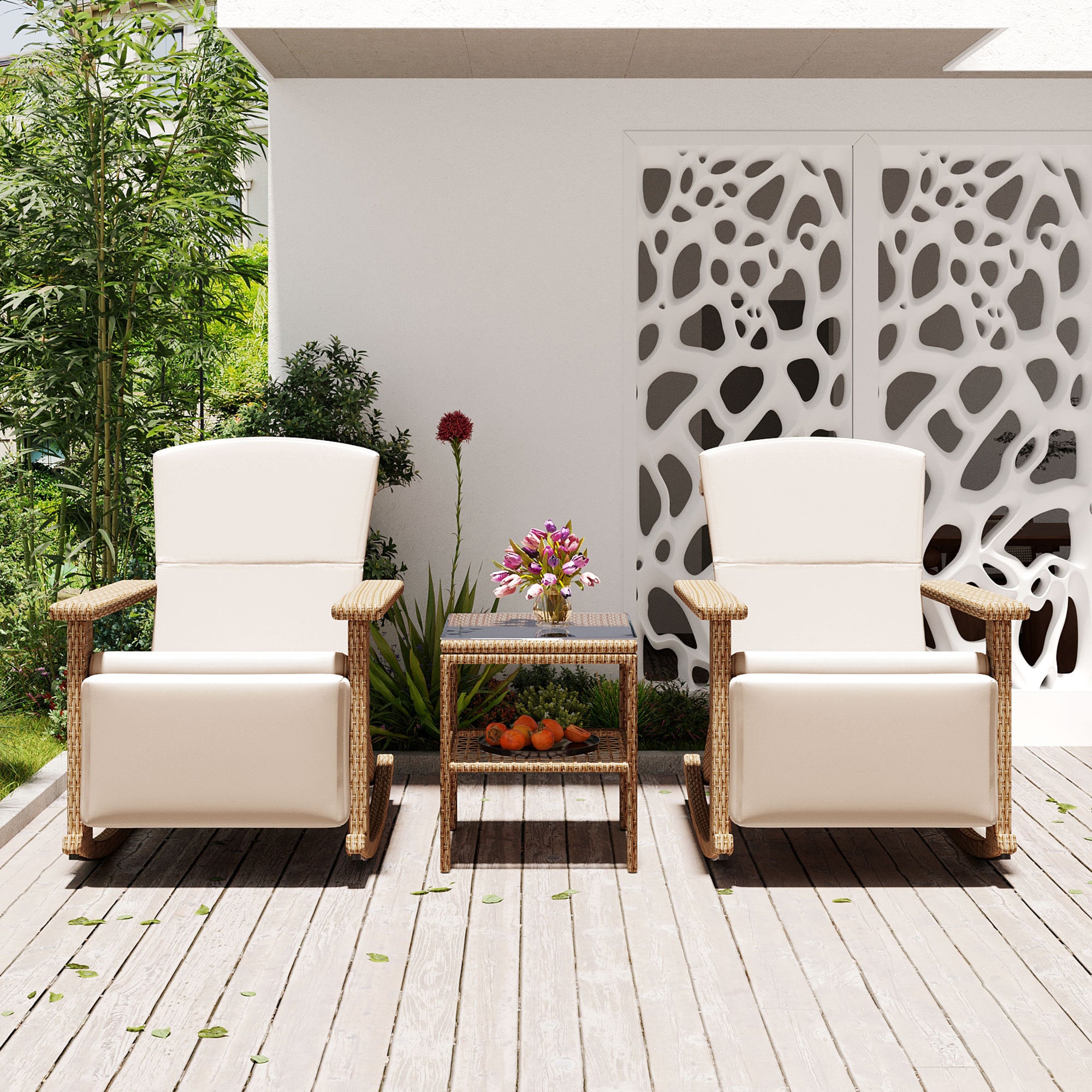 U Style Adjustable Outdoor Wicker Double Rocking Chair beige-seats 2-garden & outdoor-2 person seating