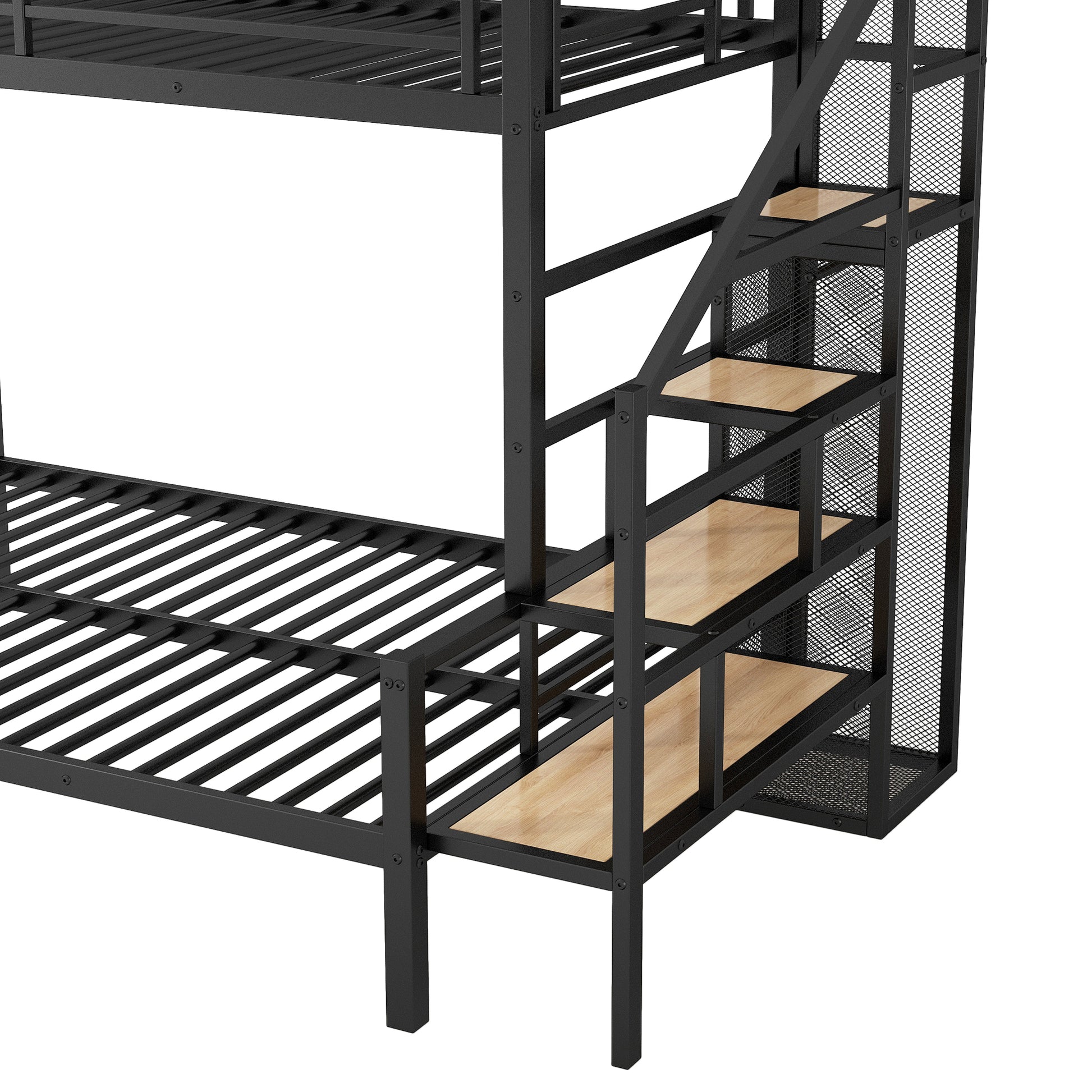 Twin Over Full Size Metal Bunk Bed With Storage Staircase And Open Wardrobe,Black Expected Arrival Time:11.15 Black Mdf Metal