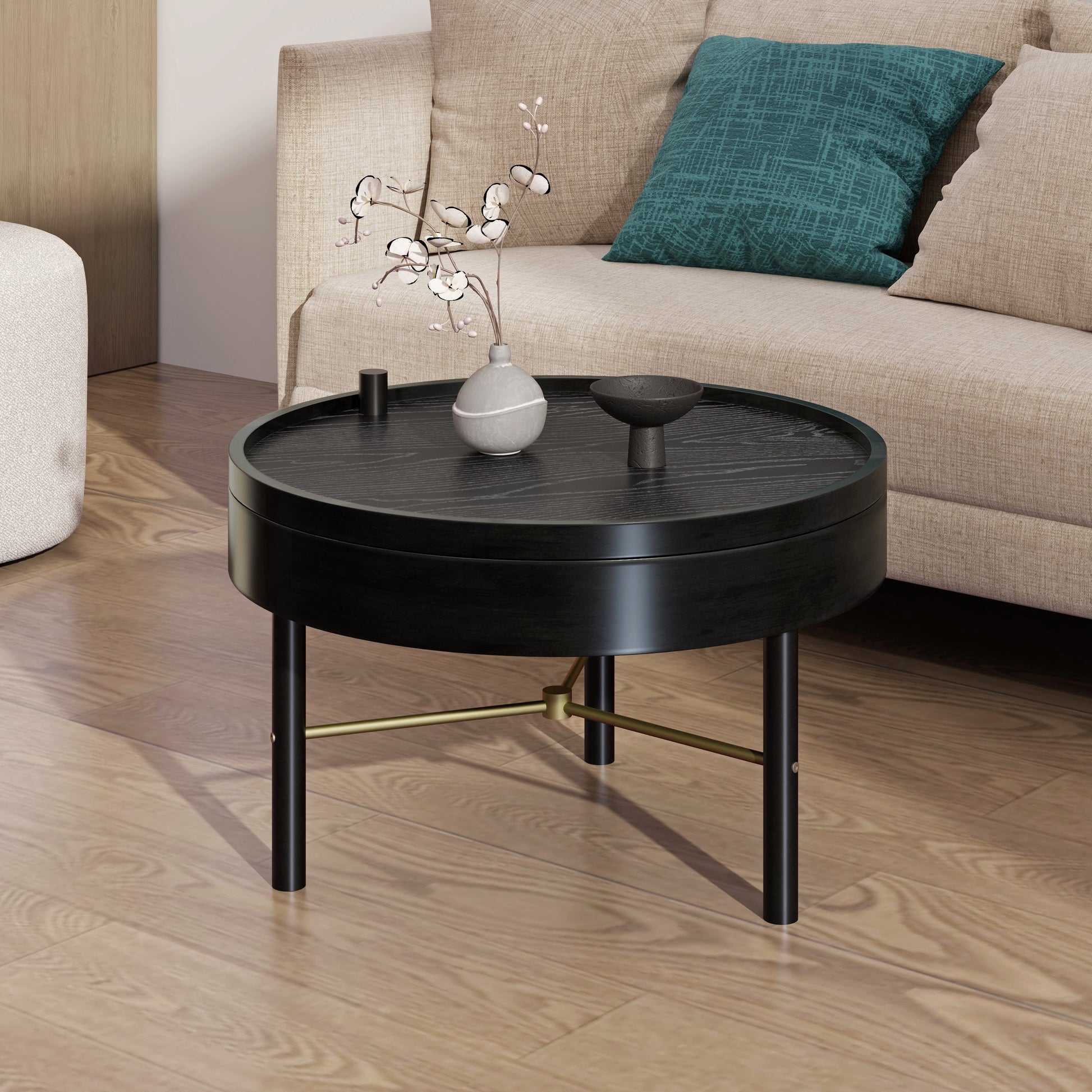 Modern Round Wood Rotating Tray Coffee Table With Storage & Metal Legs In Black Black Metal,Rubber Wood
