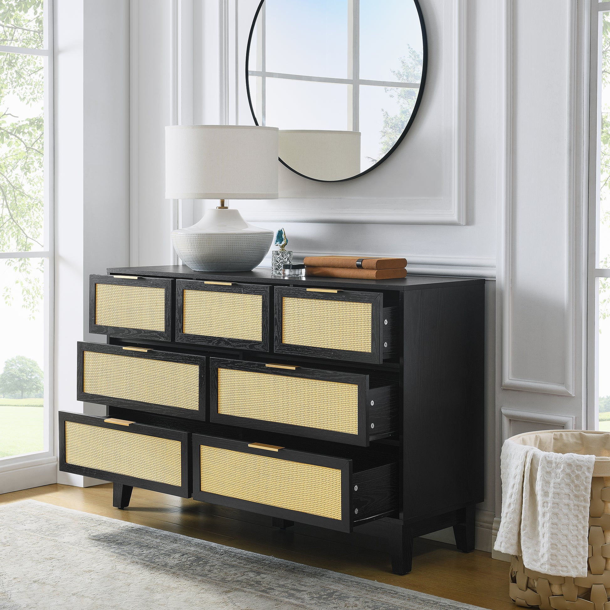 Bedroom 7 Drawer Dresser, Rattan Dresser Modern Wooden Chest Of Drawers With Spacious Storage Space For Bedroom Hallway Living Room Black Solid Wood Mdf