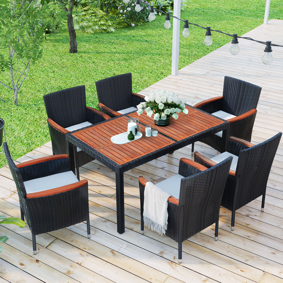 7 Piece Outdoor Patio Dining Set, Garden Pe Rattan Wicker Dining Table And Chairs Set, Acacia Wood Tabletop, Stackable Armrest Chairs With Cushions, Reddish Brown Yes Dining Set Brown Garden & Outdoor Multiple Chairs Seating Group Wicker Wicker