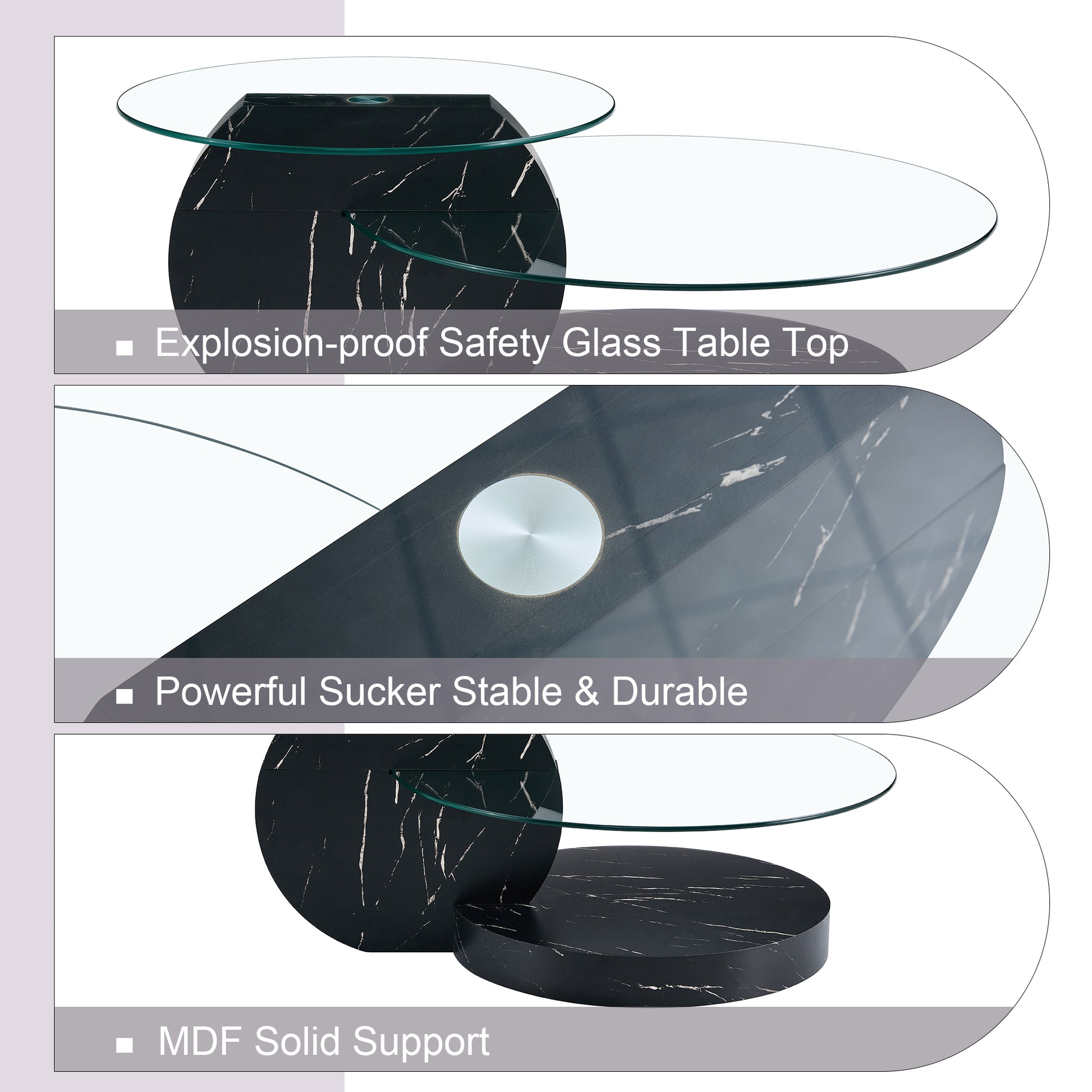 Modern And Practical Double Deck Round Table. Double Storage Space, Made Of Glass Tabletop And Mdf Table Legs. Suitable For Living Room And Bedroom And Dining Room. Black Mdf Glass