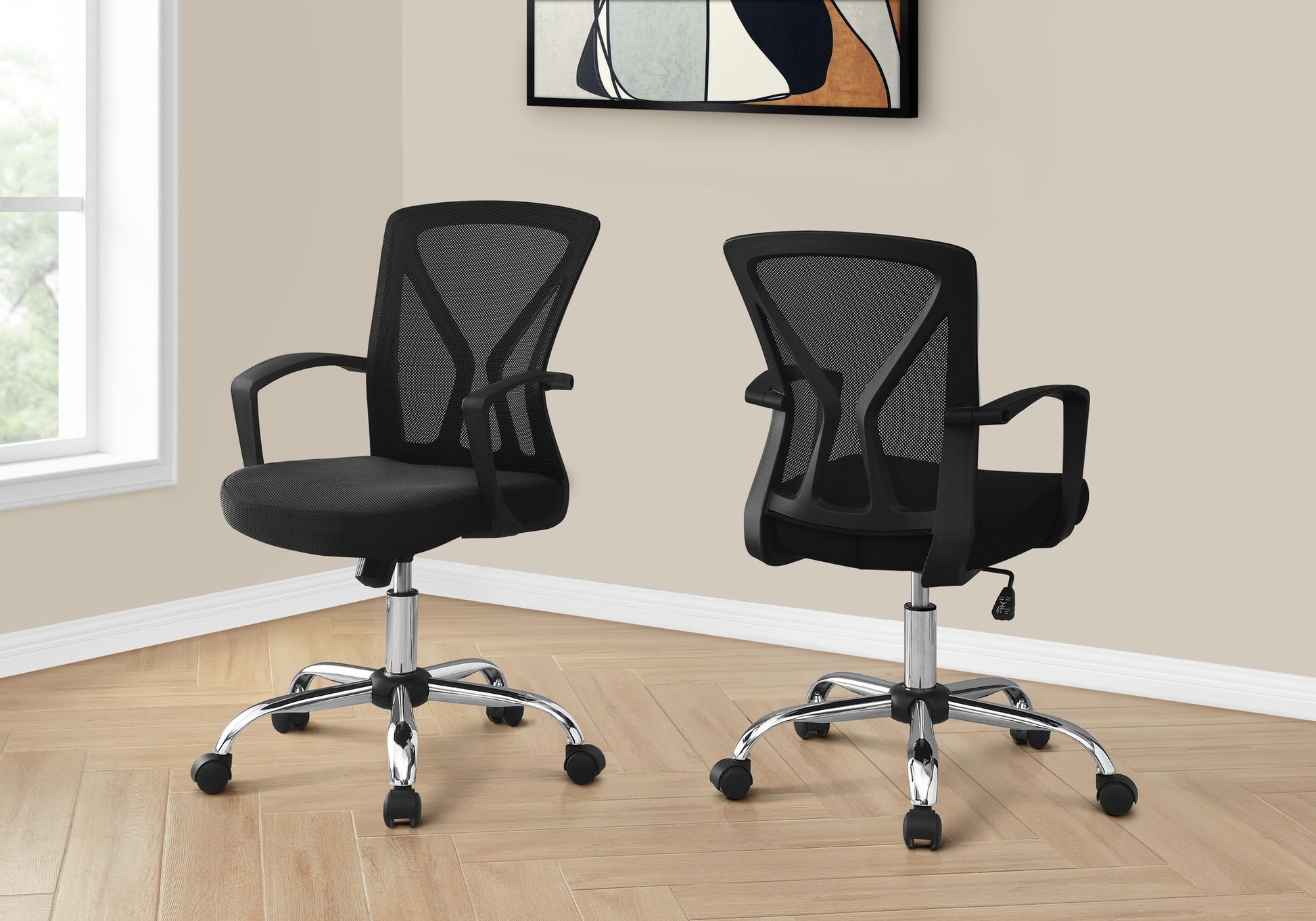 Office Chair, Adjustable Height, Swivel, Ergonomic, Armrests, Computer Desk, Work, Black Mesh, Chrome Metal, Contemporary, Modern Black Foam Polyester