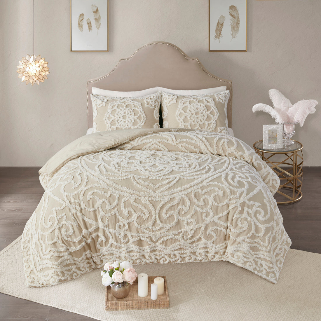 Tufted Cotton Chenille Medallion Comforter Set Taupe Full Queen Full Taupe Polyester