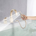 Waterfall Bathtub Faucet With Sprayer, 3 Hole Roman Tub Filler With Hand Shower Deck Mount Waterfall Tub Spout Set Brushed Gold Stainless Steel