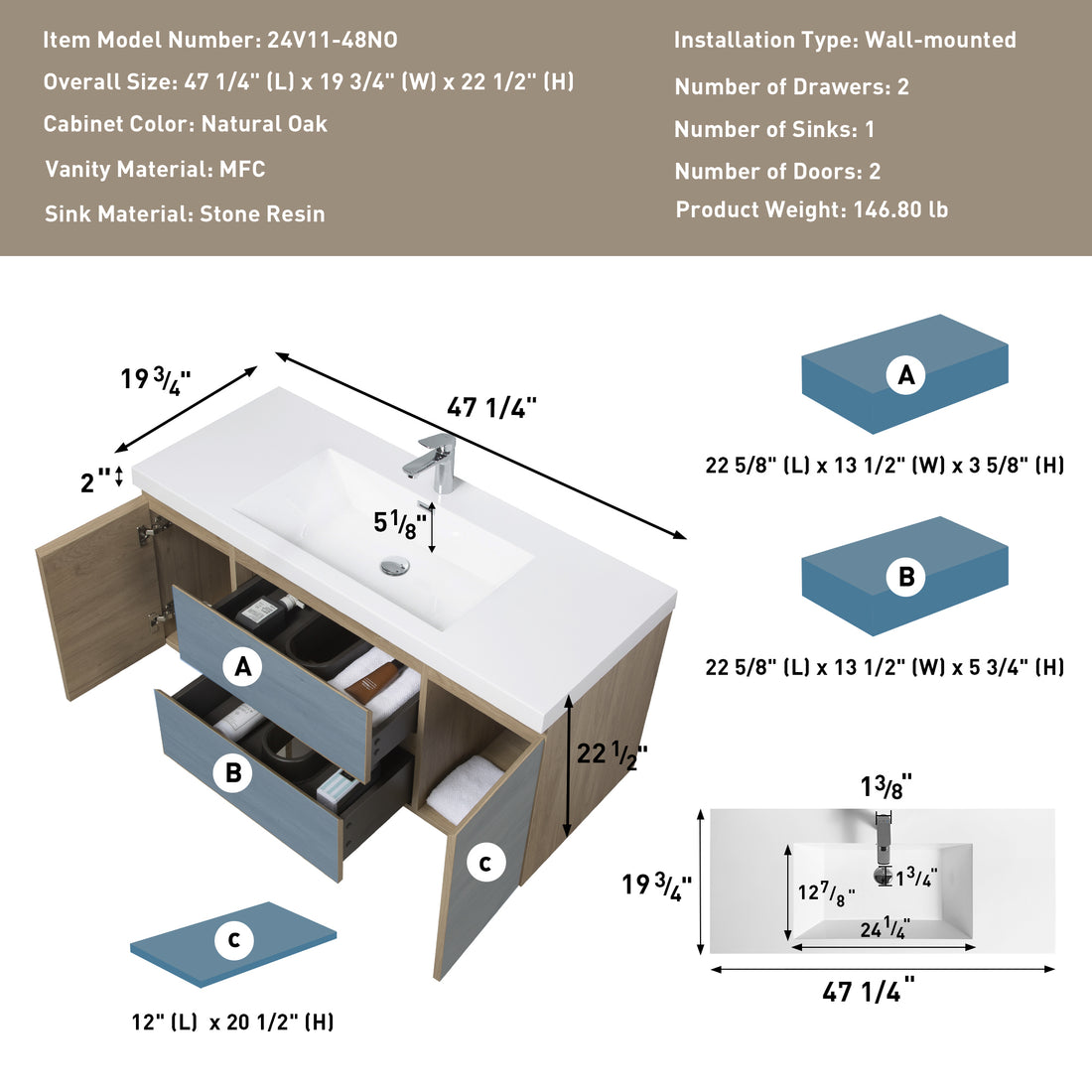 48" Floating Bathroom Vanity With Sink, Modern Wall Mounted Bathroom Storage Vanity Cabinet With Resin Top Basin And Soft Close Drawers, Natural Oak 24V11 48No 2 Oak 2 Bathroom Wall Mounted Melamine