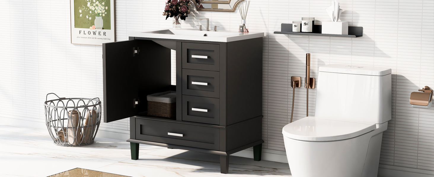 30" Bathroom Vanitymodern Bathroom Cabinet With Sink Combo Set, Bathroom Storage Cabinet With A Soft Closing Door And 3 Drawers, Solid Wood Frame Black Black Bathroom Solid Wood Mdf