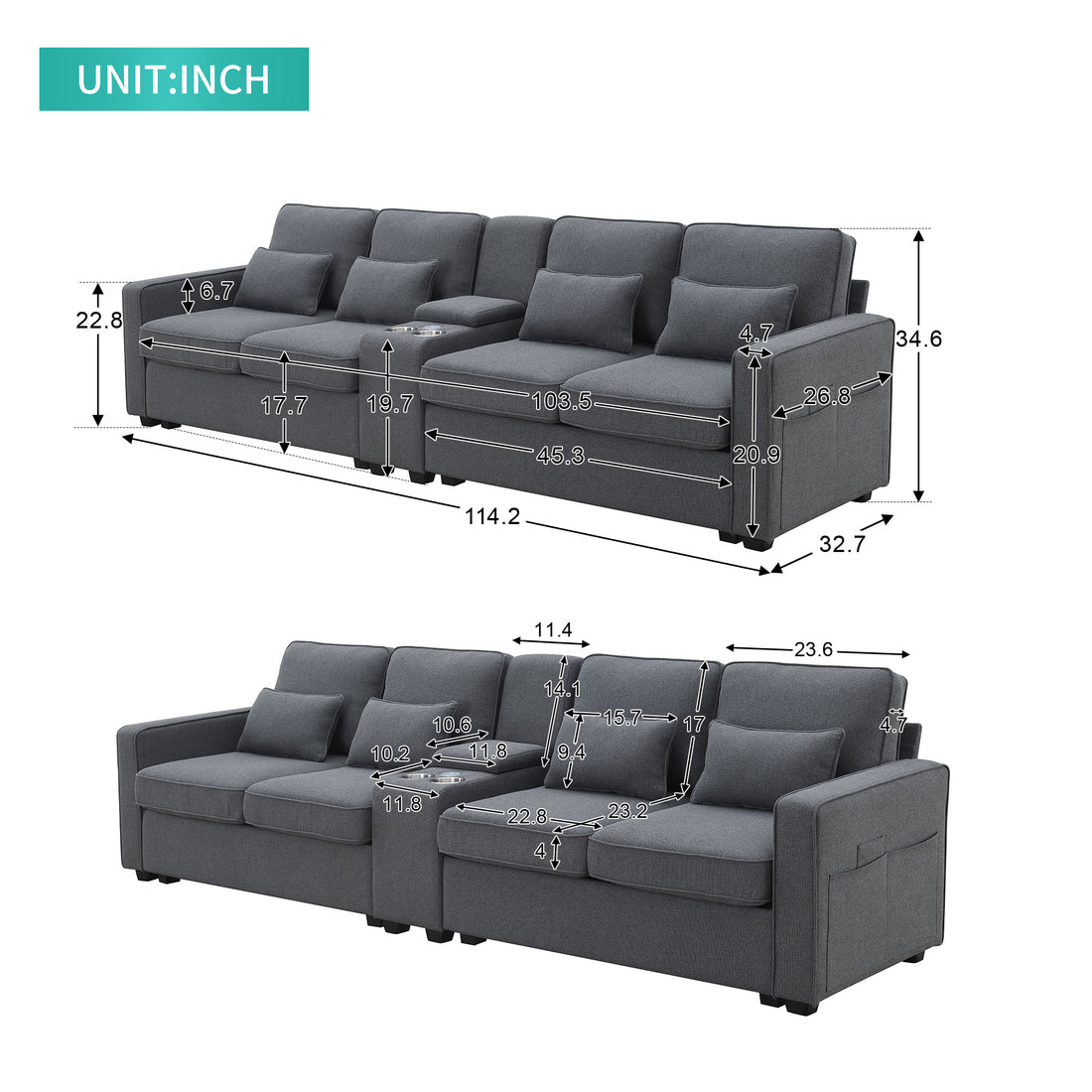 114.2" Upholstered Sofa With Console, 2 Cupholders And 2 Usb Ports Wired Or Wirelessly Charged, Modern Linen Fabric Couches With 4 Pillows For Living Room, Apartment 4 Seat Dark Grey Fabric 4 Seat