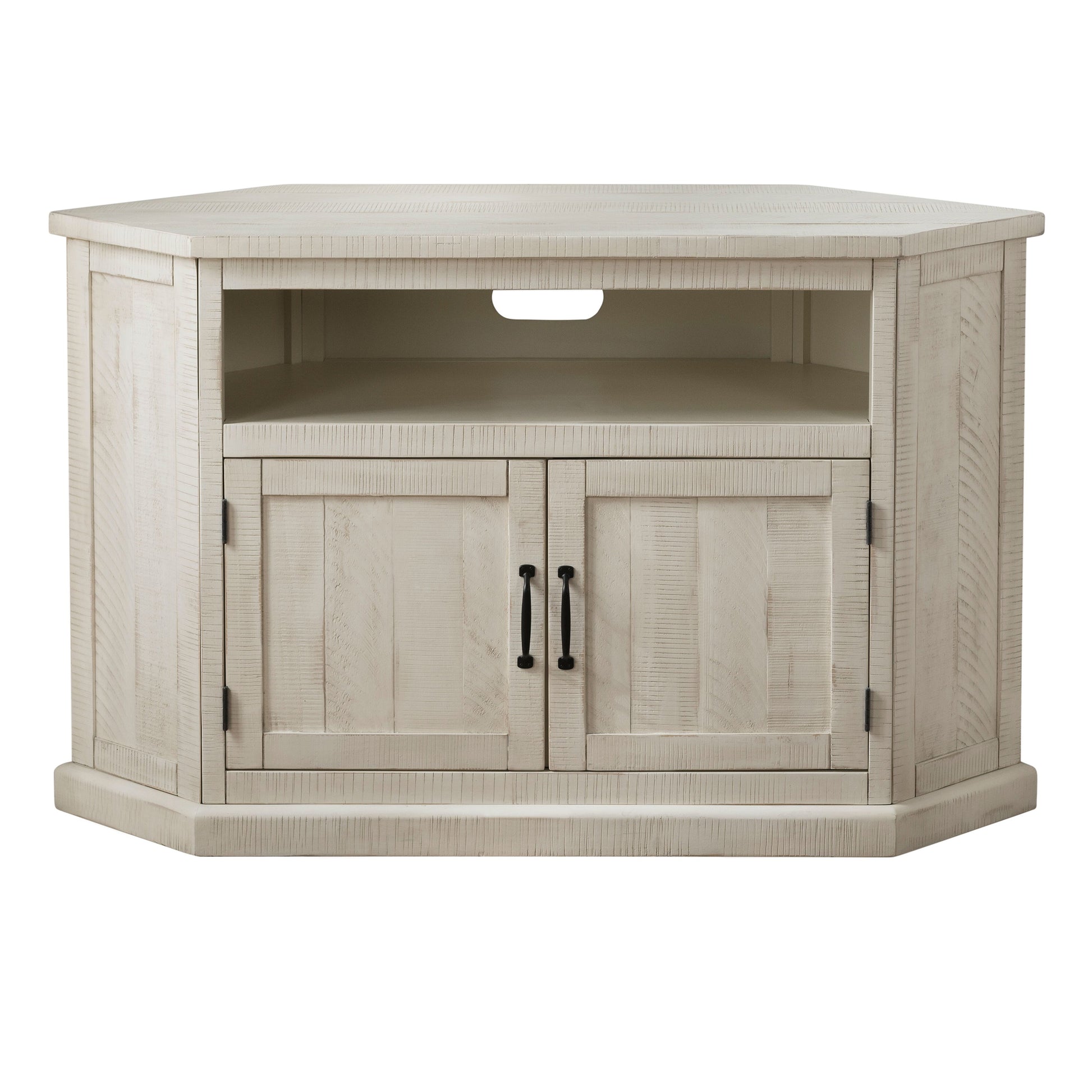 Rustic Style Wooden Corner Tv Stand With 2 Door Cabinet, White Antique White 50 59 Inches Solid Wood