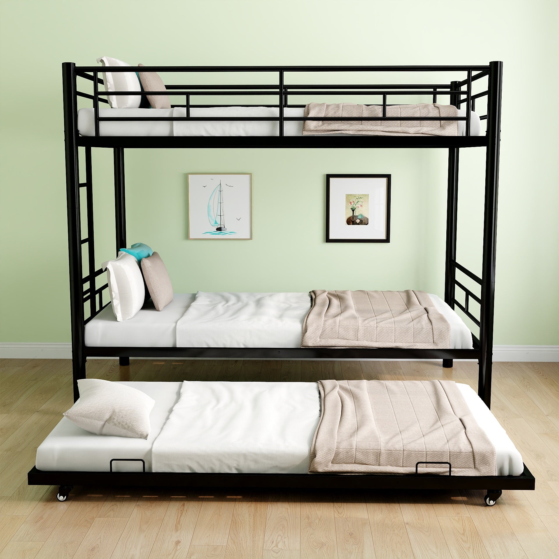 Heavy Duty Sturdy Meta Twin Over Twin Bunk Bed L Noise Reduced Safety Guardrail No Box Spring Needed,Black Twin Black Metal