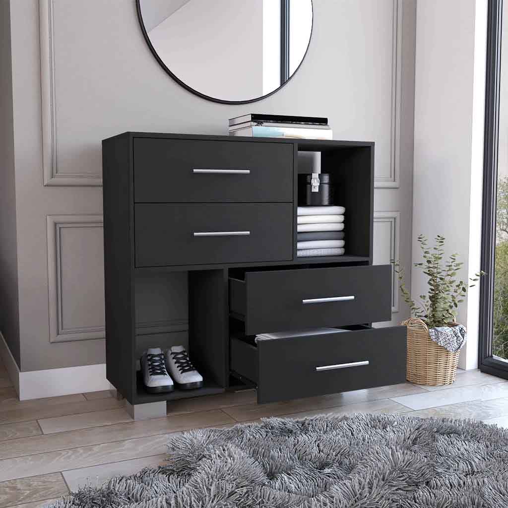 Krista Dresser, Two Open Shelves, Four Drawers Black Black Bedroom Modern Particle Board Particle Board