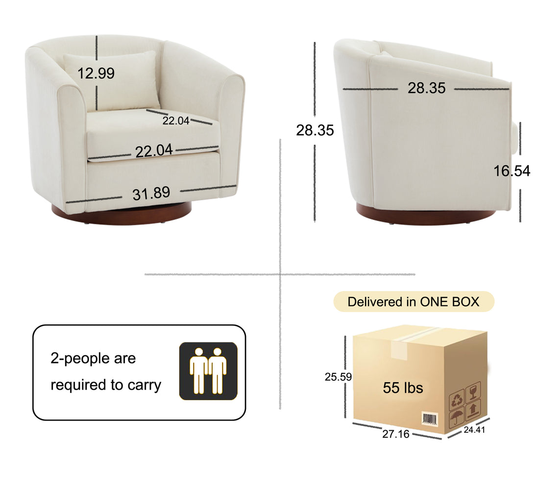 Swivel Accent Chair For Living Room, Sofa Chairs With Wood Base Side, Comfy Swivel Accent Chair With Wide Upholstered, For Living Room White Foam Chenille