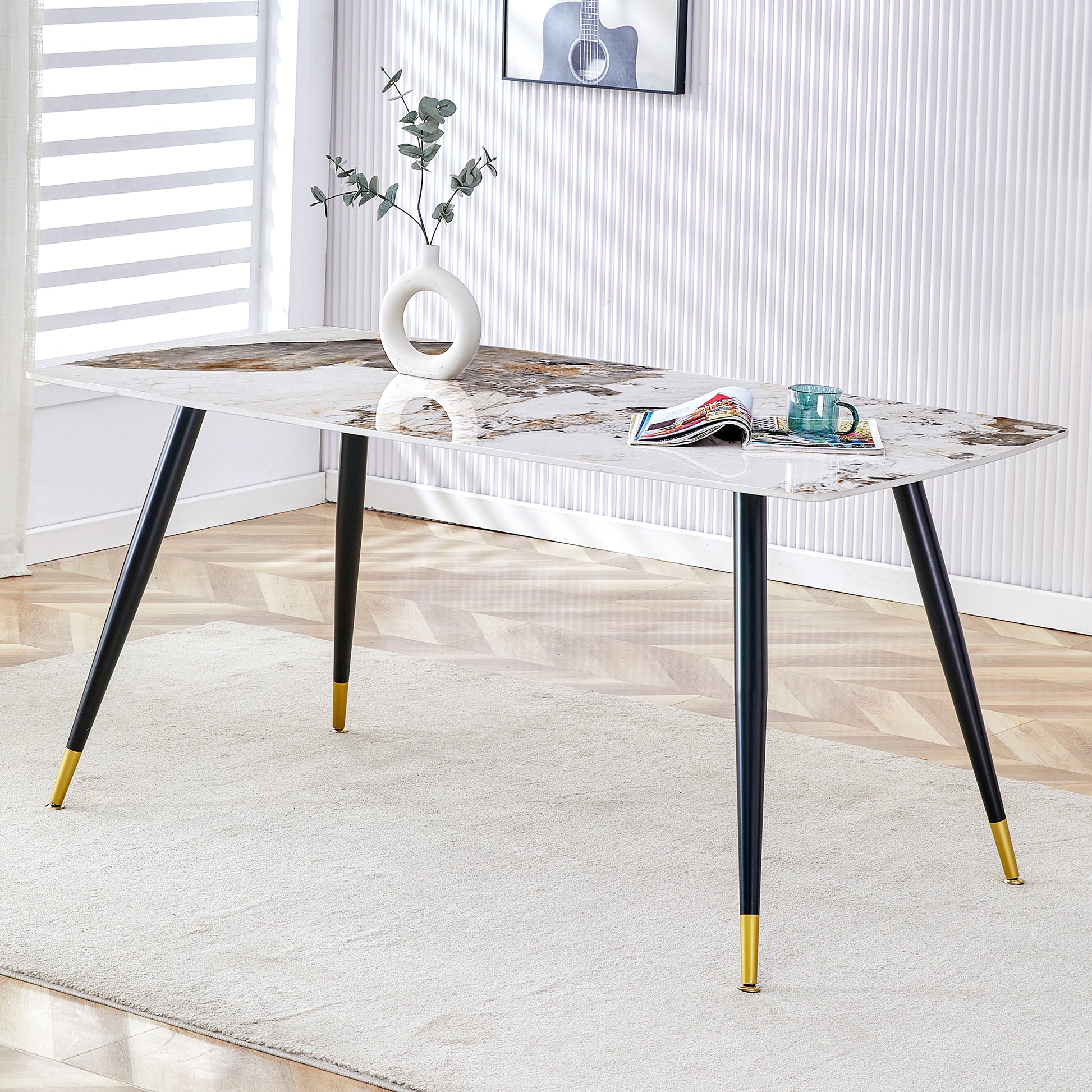 Modern Minimalist Dining Table. Imitation Marble Patterned Stone Burning Tabletop With Black Metal Legs. 62.2 "* 34.6" * 30 "F 001 Black Gold Sintered Stone