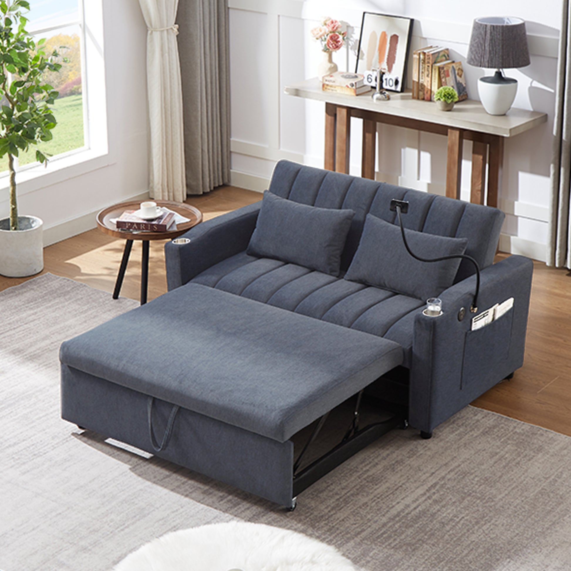 55.9" Convertible Sofa Bed Loveseat Sofa With Three Usb Ports, Two Side Pockets, Two Cup Holders And 360 Swivel Phone Holder For Living Room, Blue Grey Blue Gray Foam Polyester