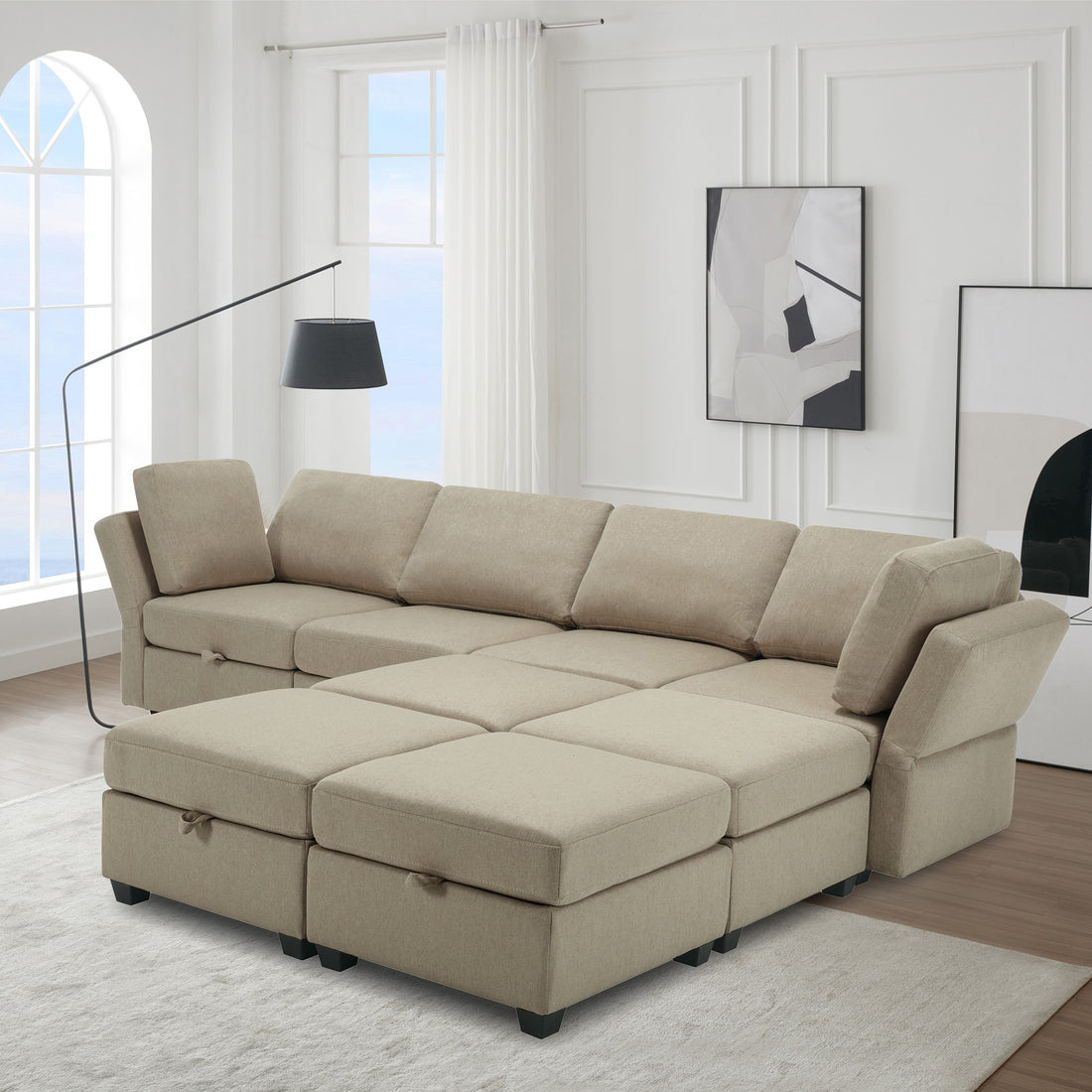 Modular Convertible U Shaped Sectional Sofa Couch With Storage Ottoman Corner Couch For Living Room, Adjustable Arms And Backs Beige Beige Polyester 4 Seat