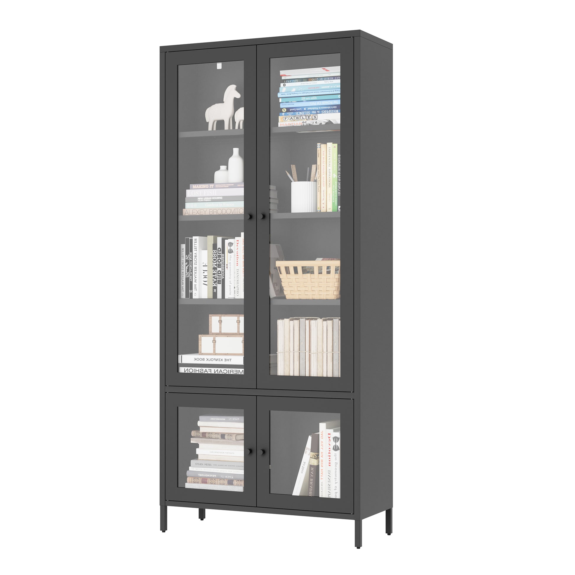 Large Metal Storage Cabinet Display Cabinet With 4 Glass Doors 5 Shelves Side Cabinet Bookcase Freestanding Cabinet For Bedroom Living Room Pantry Home Office Black, Reinforced Tempered Glass Freestanding 5 Or More Shelves Black Primary Living Space