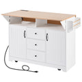 K&K 55.7'' Large Kitchen Island With 2 Drop Leaf, Rolling Kitchen Cart On 5 Wheels With Power Outlet, Folding Storage Dining Table With Spice & Towel Rack3 Drawers, For Kitchen, Dining Room,White White White Kitchen Classic,Farmhouse,Luxury,Modern