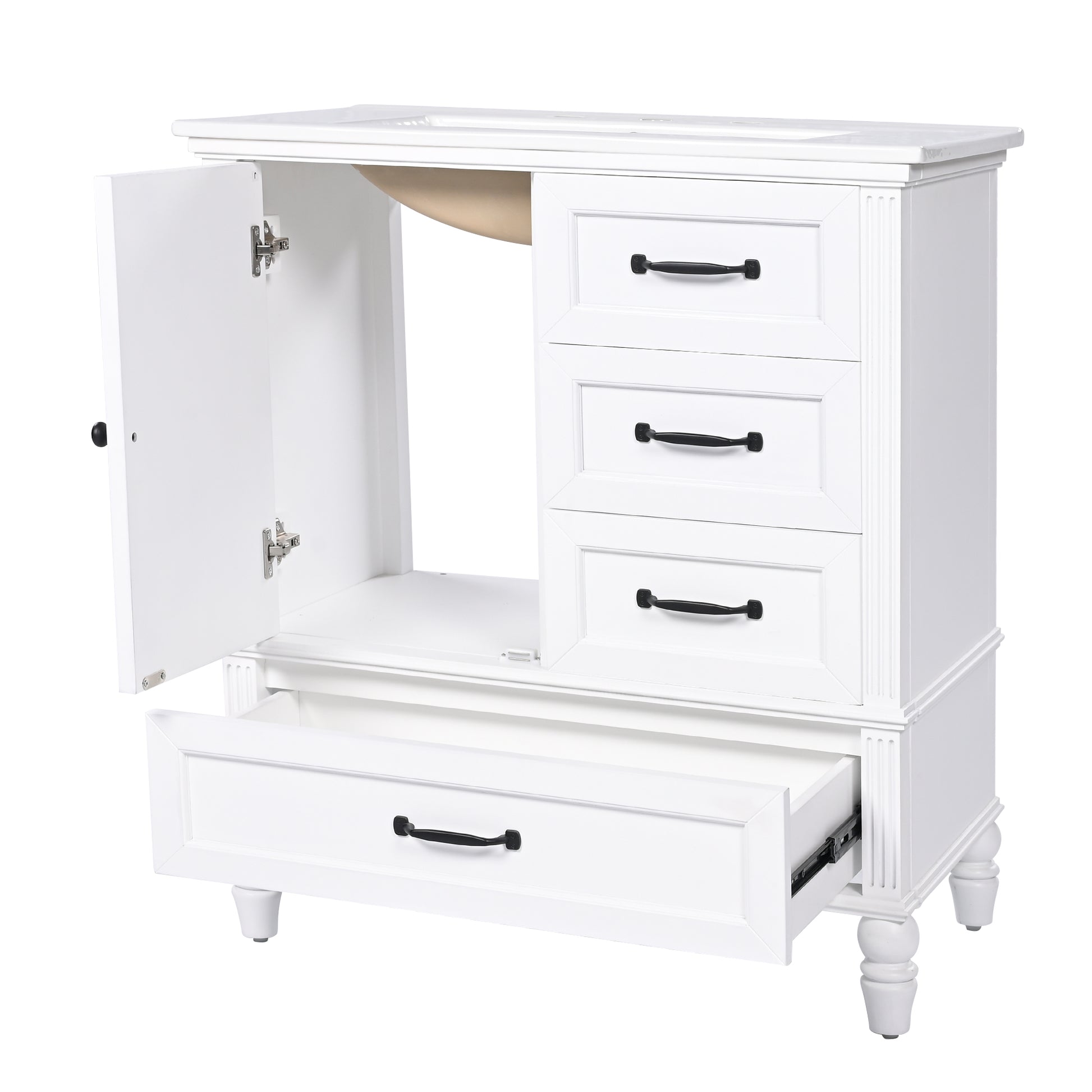 30" Bathroom Vanity With Sink, Bathroom Cabinet With A Door, Three Drawers, Solid Wood Legs & Mdf Board, Adiustable Foot Pads, White White Mdf
