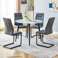 Table And Chair Set. Large Modern White Imitation Marble Patterned Round Table With Black Metal Legs. Nice Minimalism, Comfortable Seats And Black Metal Legs. White Gray Seats 4 Glass Metal