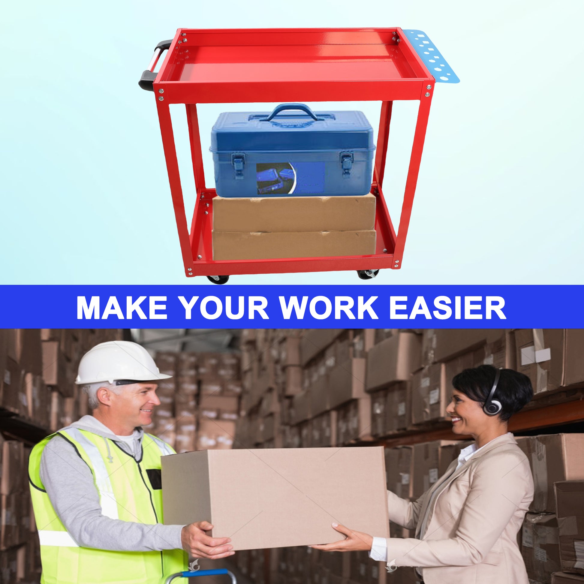 Tool Cart On Wheels, Heavy Duty Steel Utility Cart W Lockable Wheels, 400 Lbs Capacity Industrial Service Cart For Garage, Warehouse, Workshop Two Layer Bright Red Red Abs Steel Q235