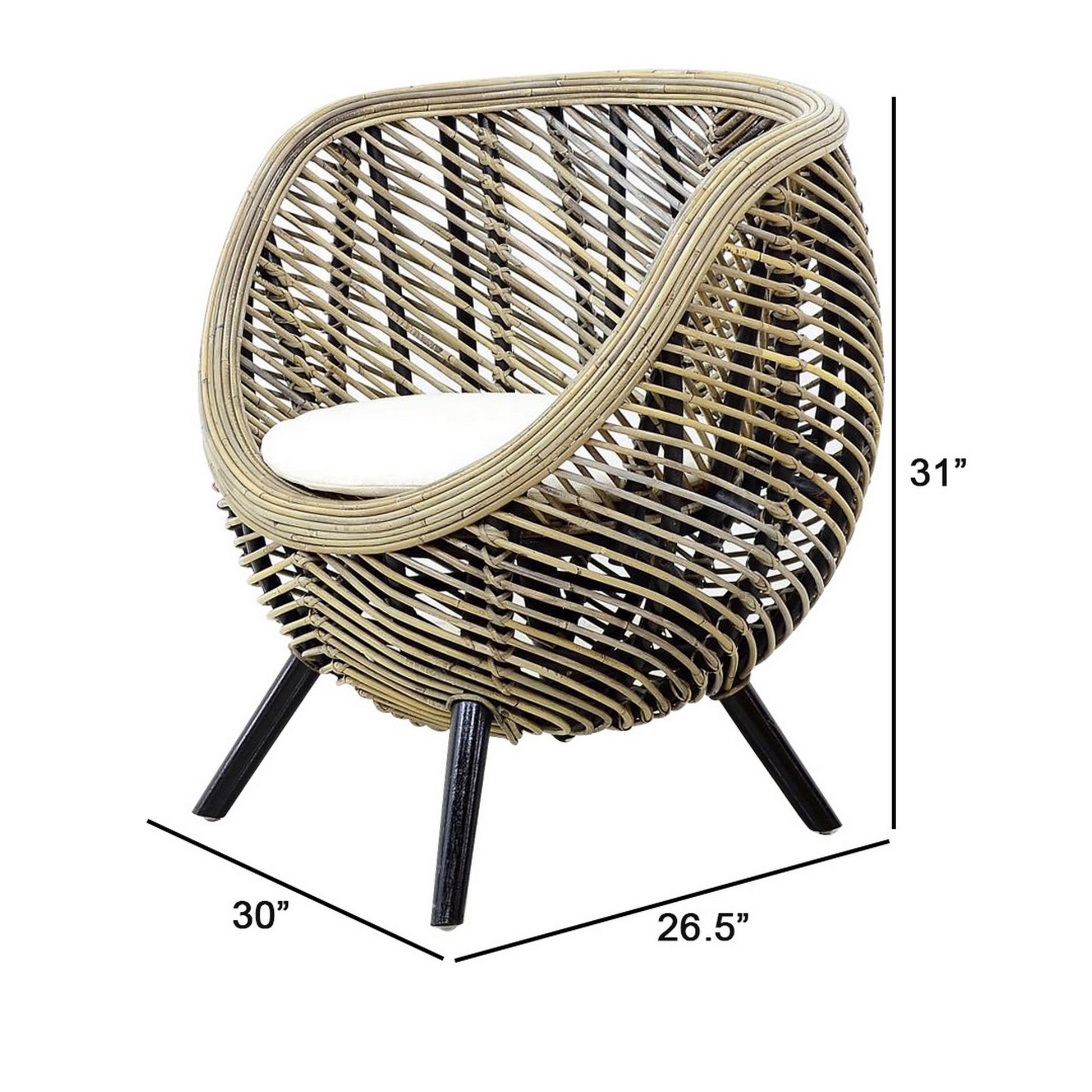27 Inch Accent Chair, Rattan Frame, Curved Round Silhouette, Brown, Black Brown Black Wood