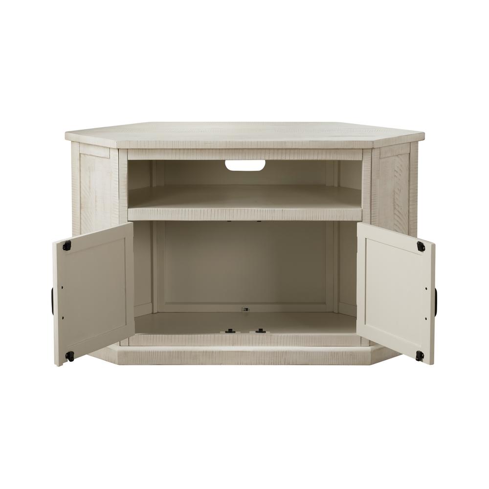 Rustic Style Wooden Corner Tv Stand With 2 Door Cabinet, White Antique White 50 59 Inches Solid Wood