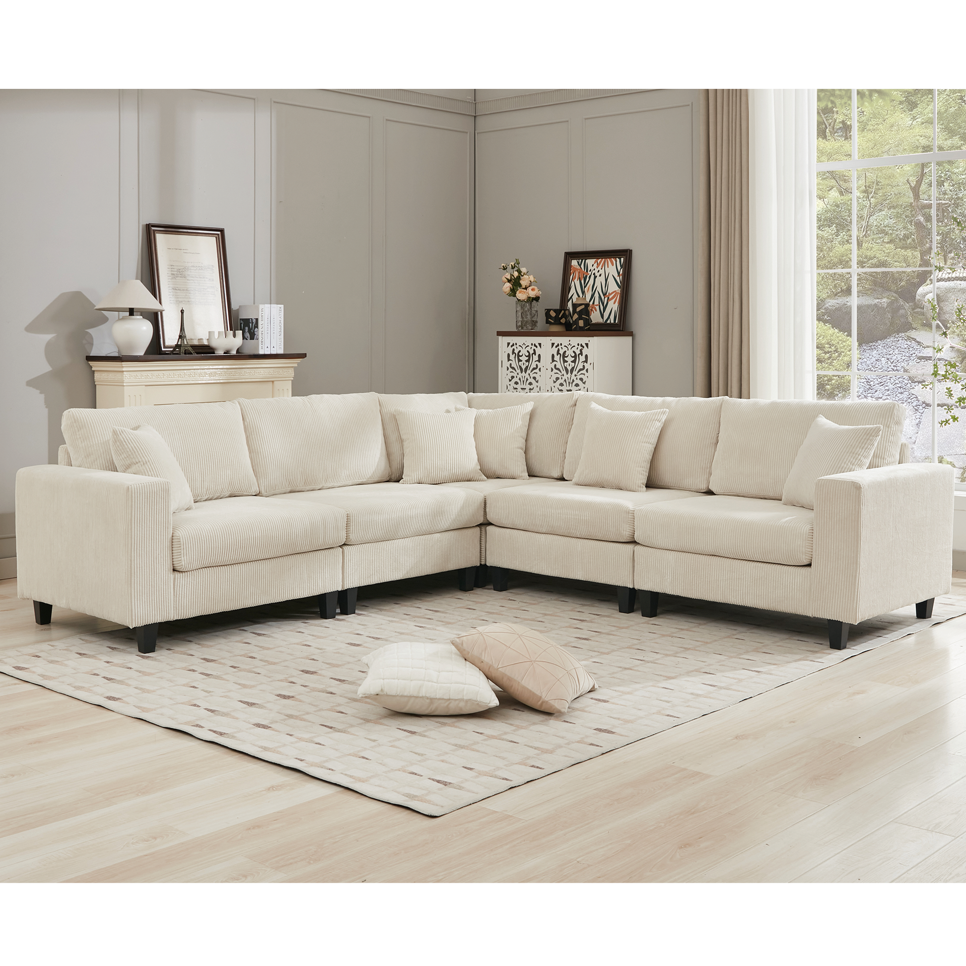 Packaging Upgrade Oversized Modular Sectional Sofa Set, L Shaped Couch,Corduroy ,Upholstered,Deep Seat,5 Seat,5 Throw Pillow And 6 Back Cushion,Living Room, Apartment ,Beige Beige Polyester Wood