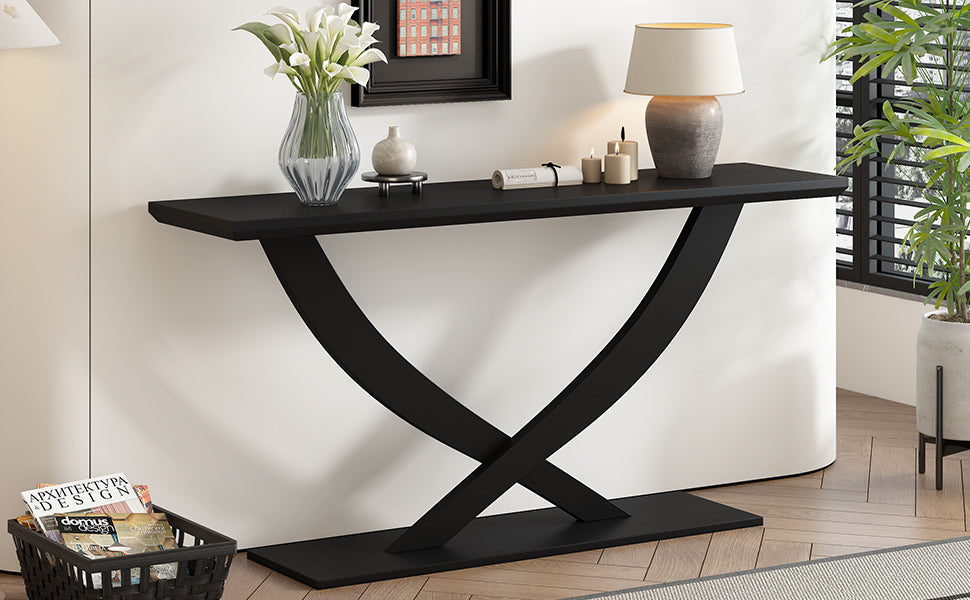 Mirod 57'' Modern Rustic Console Table With Cross Leg Design,Sturdy Construction And Large Surface Space,Perfect For Living Room Or Bedroom Black Mdf Acacia