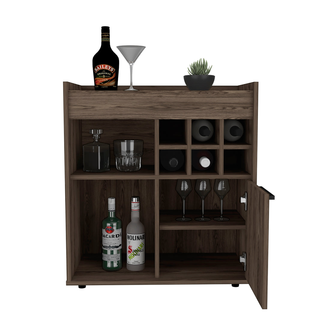 Bar Coffee Cart 29" H, Cabinet Storage, With 6 Bottle Racks, A Central Shelf Covered By 1 Wood Door, Ideal For Storing Glasses And Snacks, Dark Walnut Brown Particle Board Particle Board