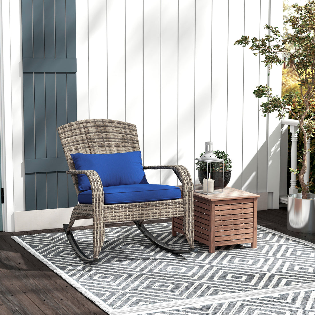 Outsunny Outdoor Wicker Adirondack Rocking Chair, Patio Rattan Rocker Chair With High Back, Seat Cushion, And Pillow For Garden, Porch, Balcony, Dark Blue Blue Rattan