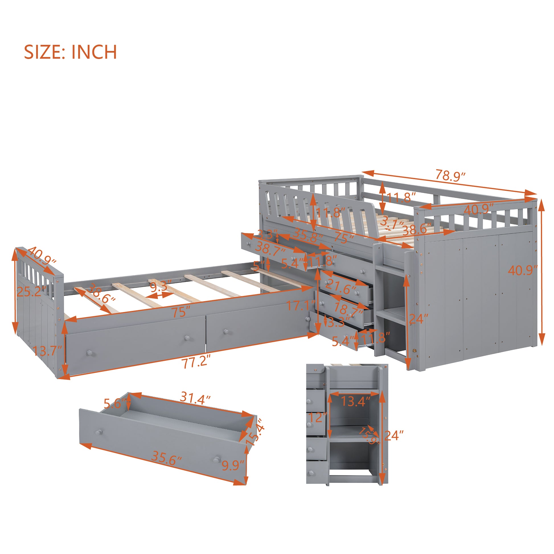 L Shaped Space Saving Twin Loft And Twin Platform Bed With 7 Drawers And Full Guardrails Gray Twin Gray Solid Wood