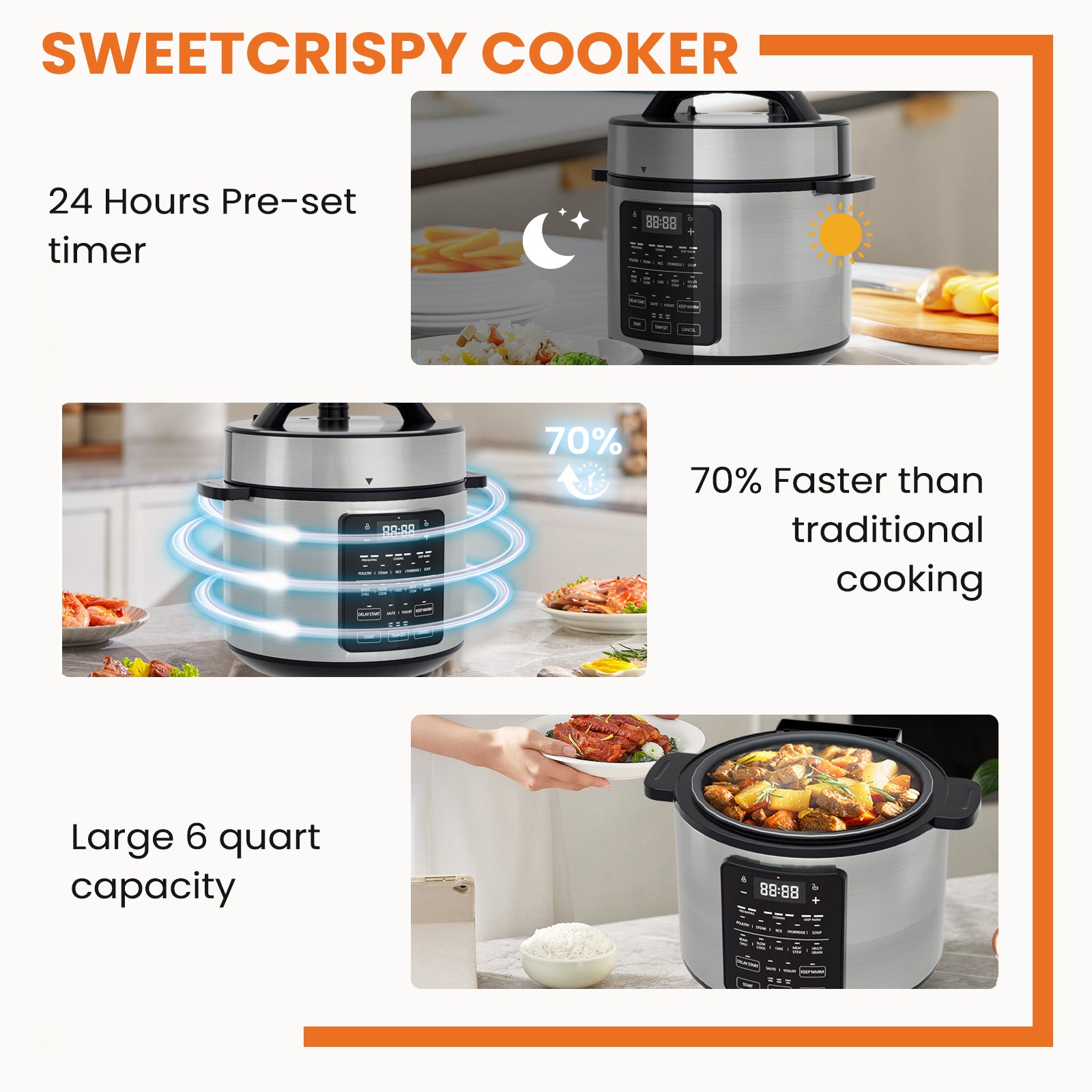 9 In 1 Electric Pressure Cooker 6 Quart, Steamer, Yogurt Maker, Warmer & Sterilizer, Saute, Slow Cooker, Rice Cooker, Egg Cooker, Multi Functional Smart Pot, Stainless Steel Black Stainless Steel