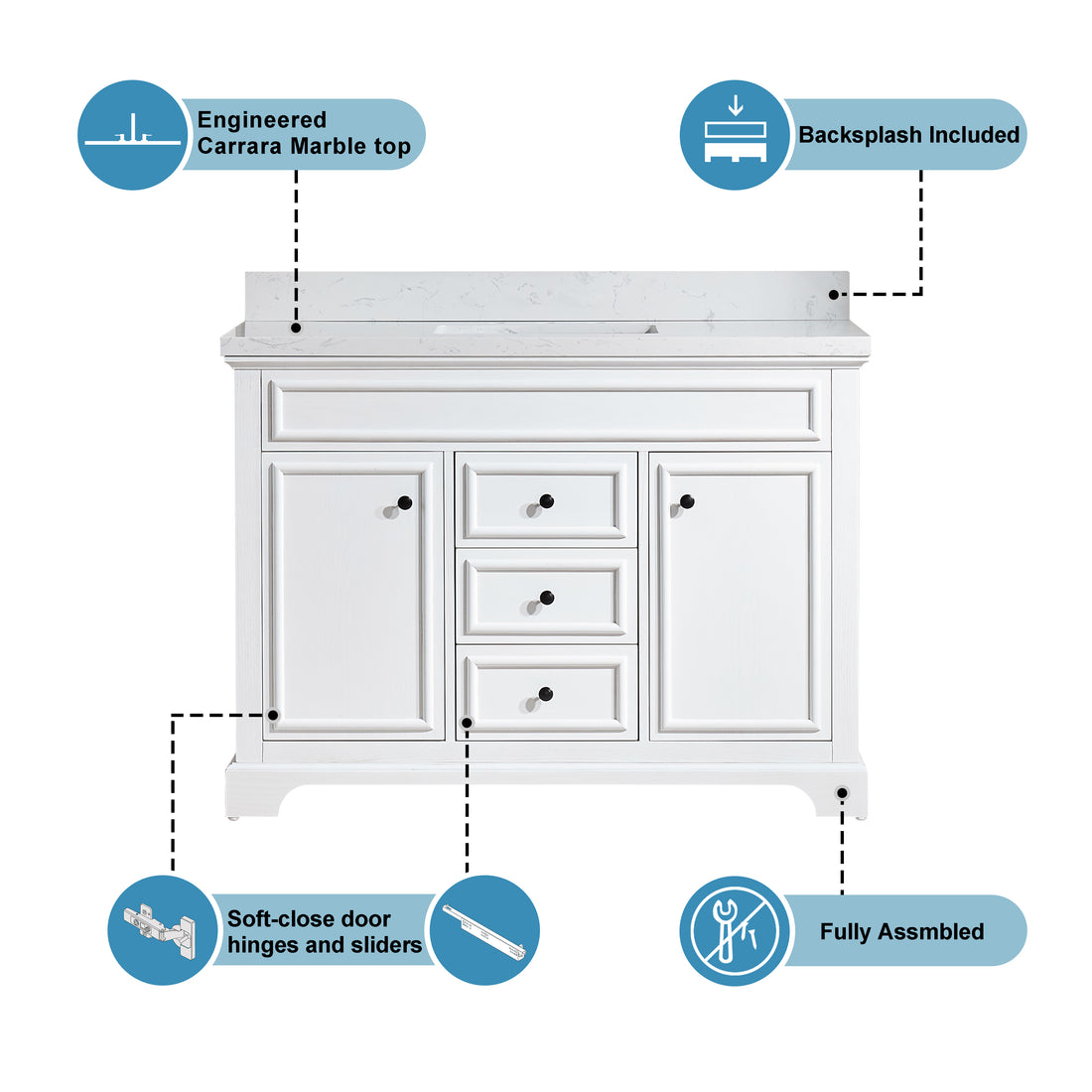 Full Assembled 48'' Freestanding Single Bathroom Vanity With Marble Top 3 White 2 Soft Close Doors Bathroom Freestanding Wood Painted