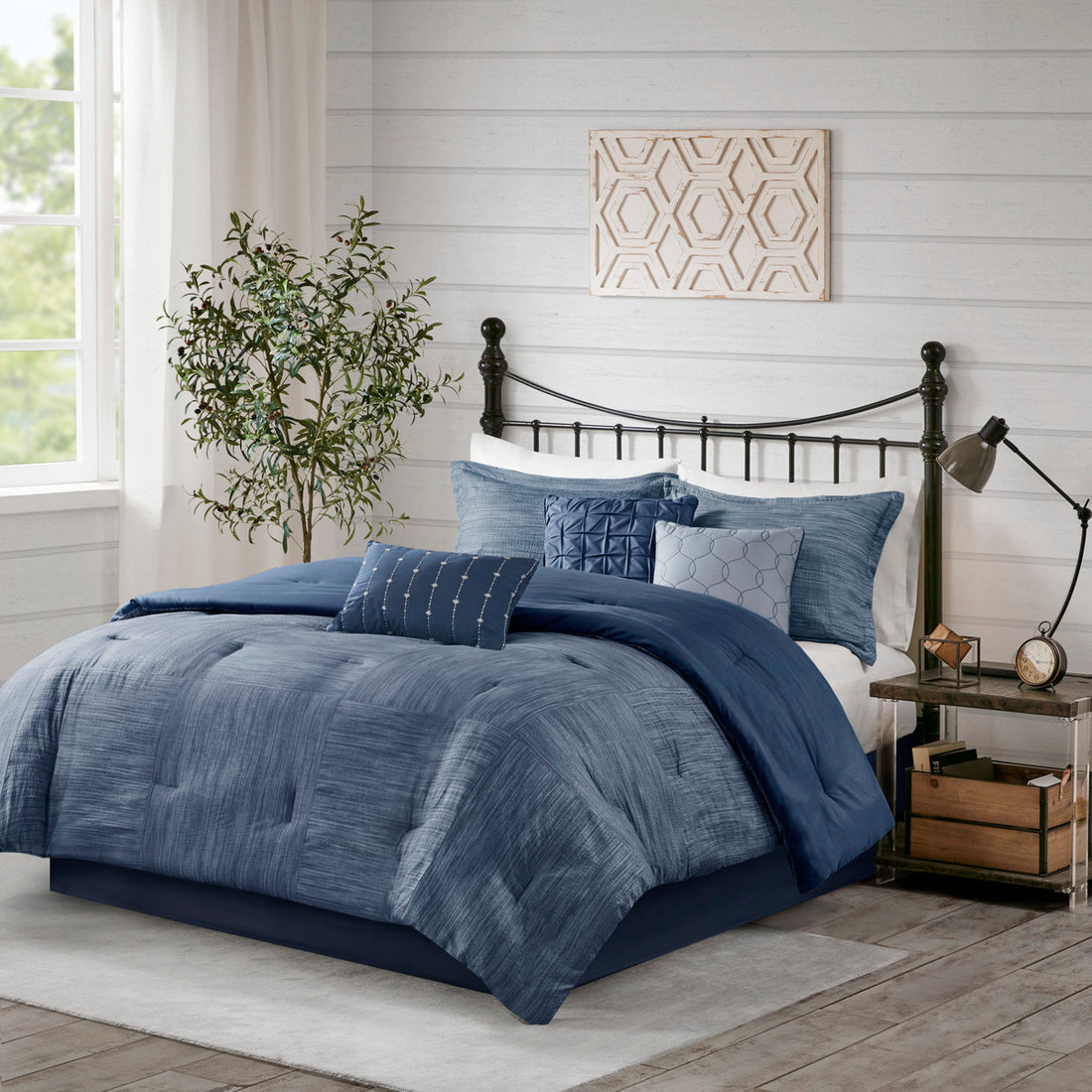 7 Piece Printed Seersucker Comforter Set Navy Queen Queen Navy Microfiber