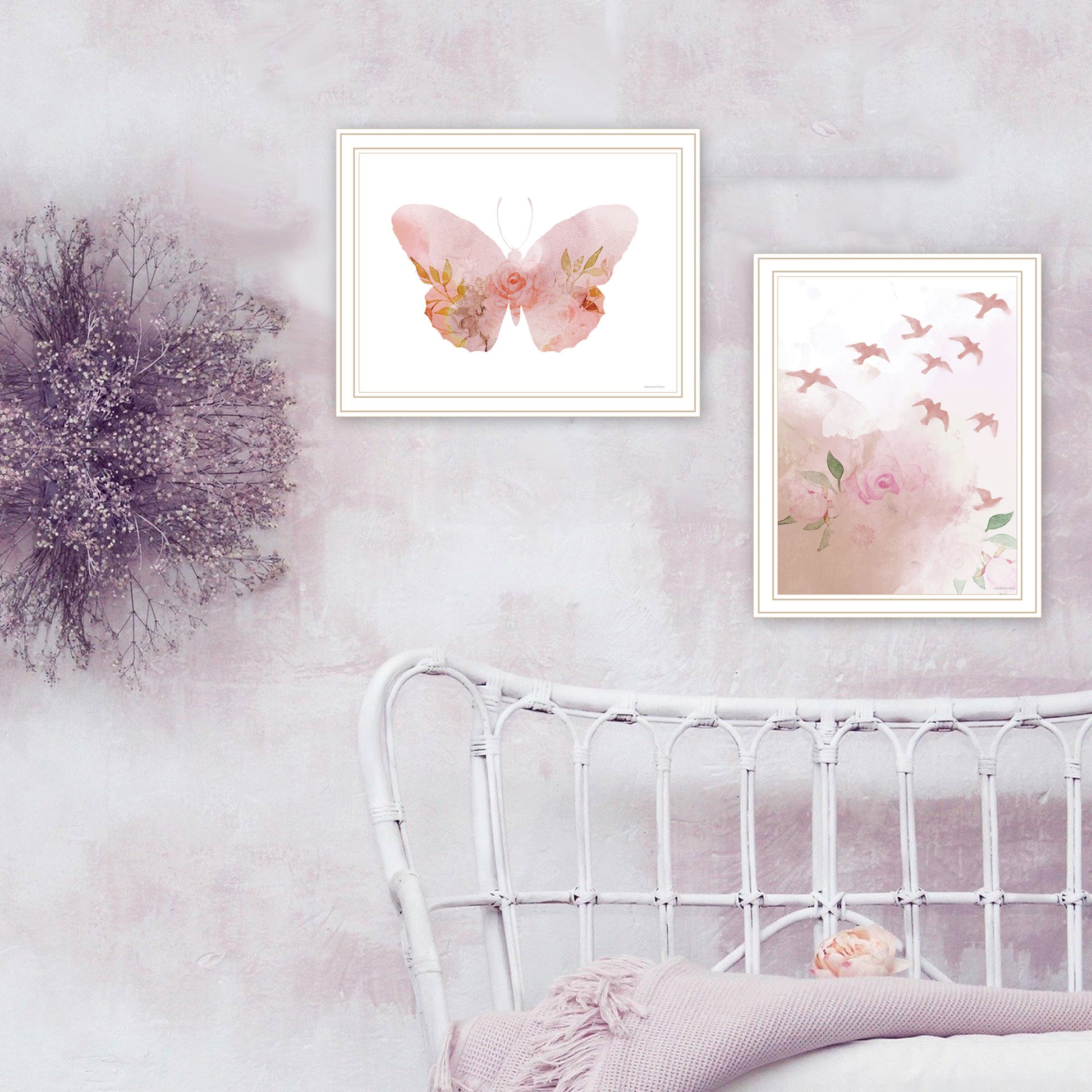 2 Piece Vignette Meadow Flora Birds And Butterflies Framed Wall Art For Living Room, Abstract Wall Art Print For Home Decor, Bedroom Wall Art By Bluebird Multicolor Wood Paper