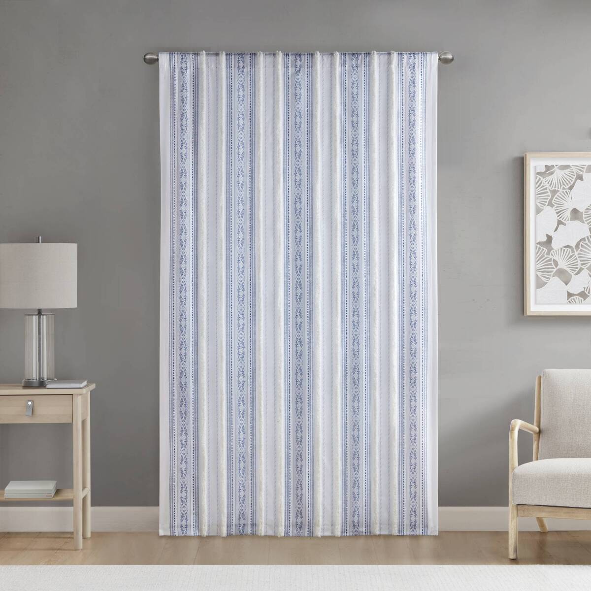 Poly Printed Curtain Panel With Tufted Stripe And Lining White Navy 50X84" Multicolor Polyester