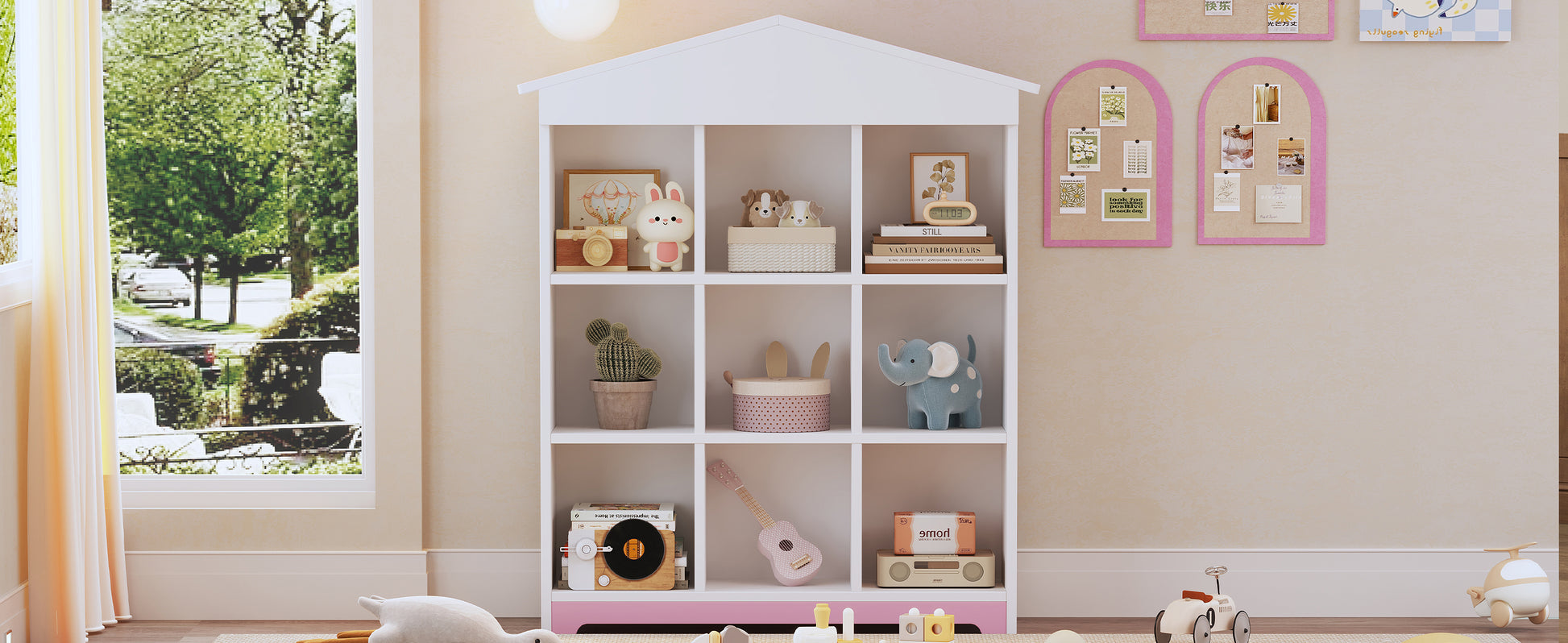 House Shaped Storage Rack With Nine Storage Compartments, Three Layer Storage Shelf With Colorblock Design, White Pink Pink White Particle Board