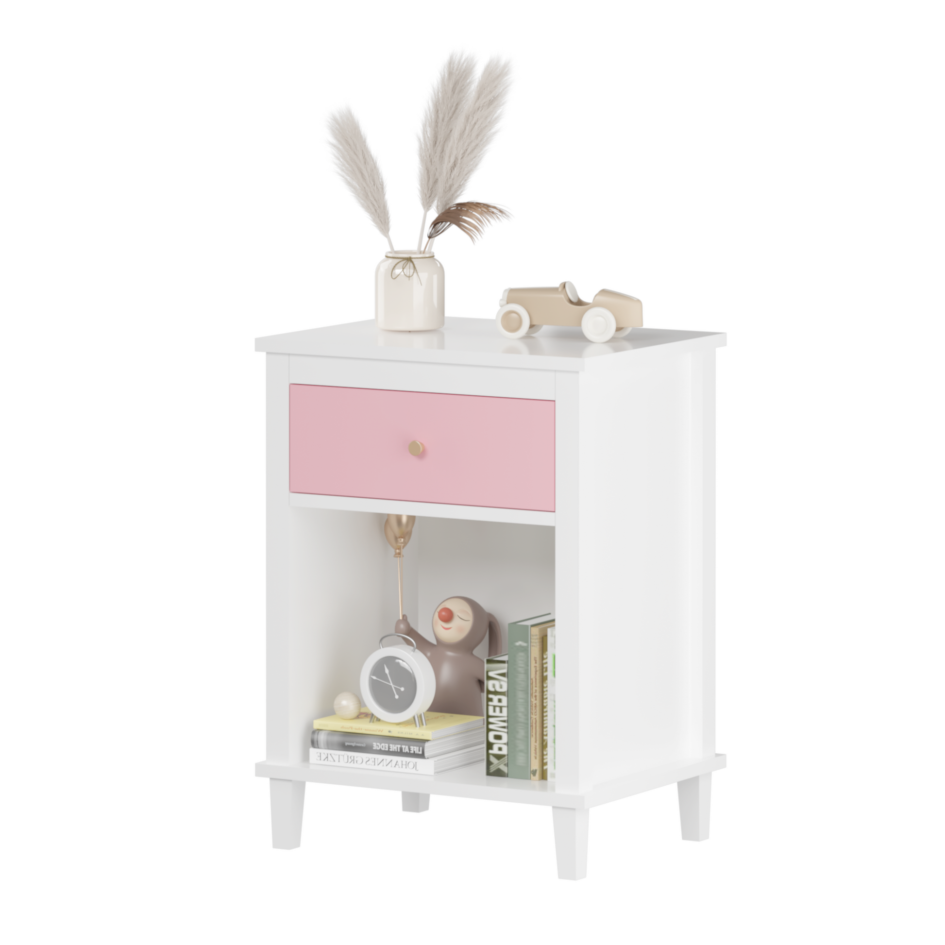 26.77''H Wooden Nightstand With One Drawer One Shelf For Kids, Adults, Pink Pink Mdf